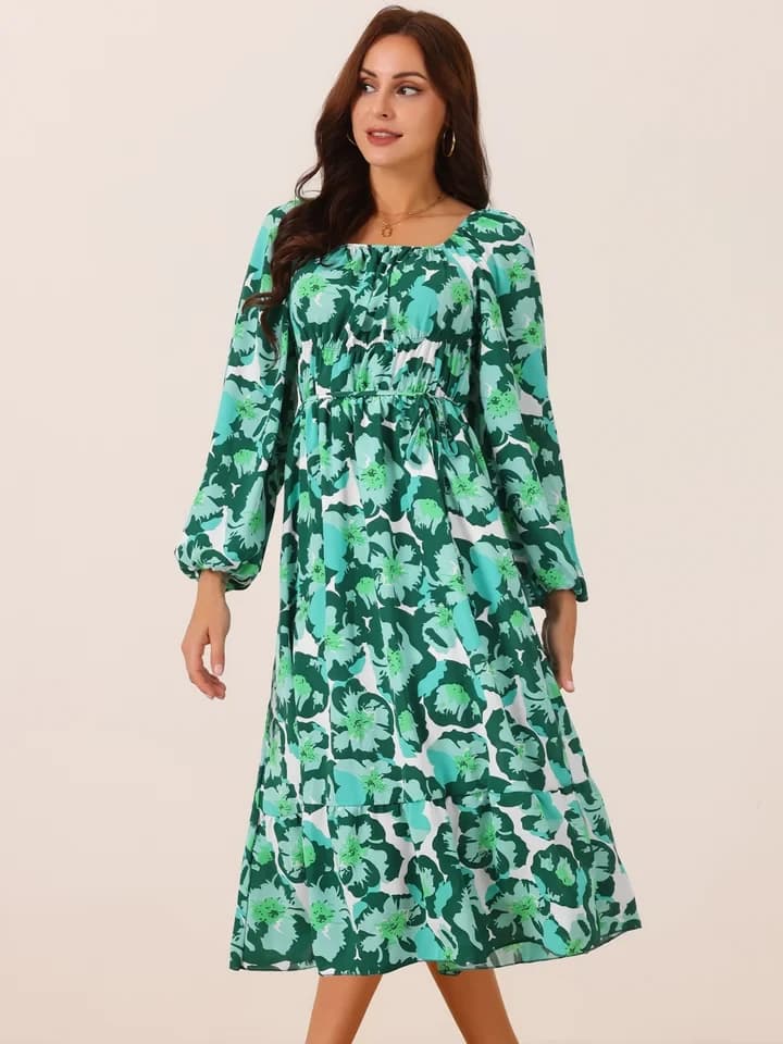 MUTIG Teal Green Floral Print Tiered Midi Dress Long Sleeve Size S — photo 8 of 10