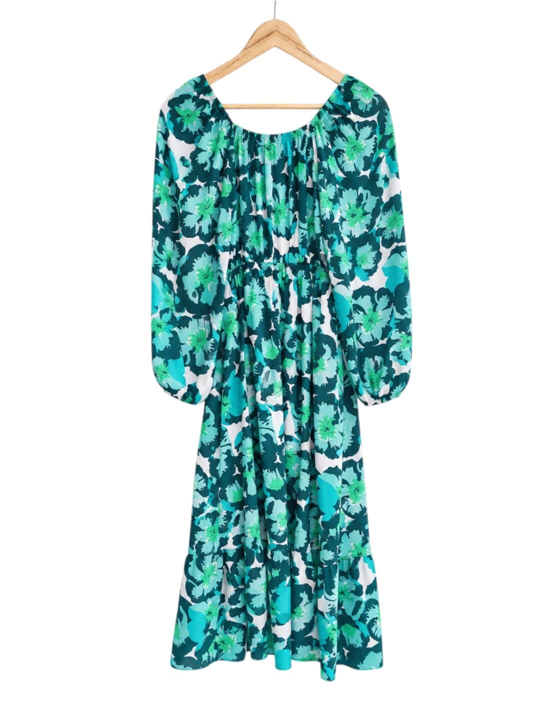 MUTIG Teal Green Floral Print Tiered Midi Dress Long Sleeve Size S — photo 4 of 10