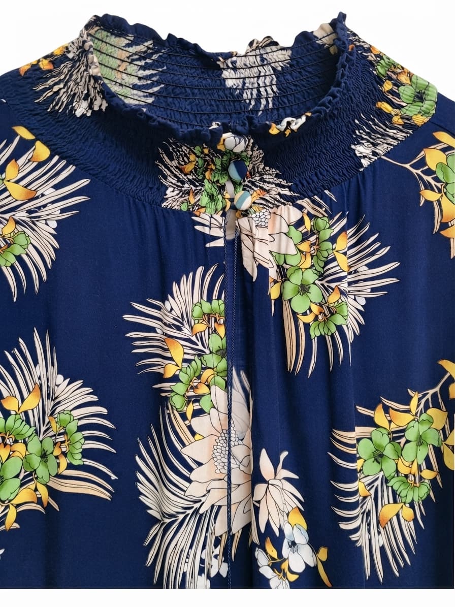 NATASHA GAN Navy Tropical Floral Smocked Tiered Midi Dress Size 18 — photo 3 of 9