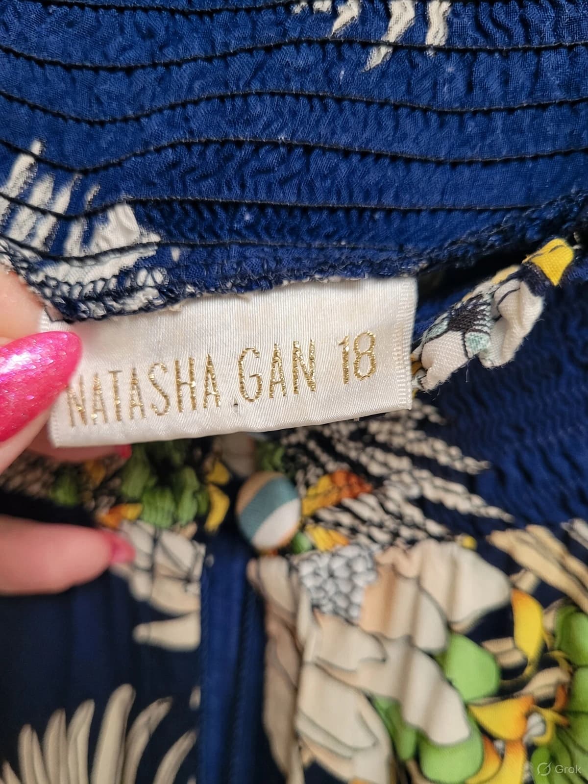 NATASHA GAN Navy Tropical Floral Smocked Tiered Midi Dress Size 18 — photo 7 of 9