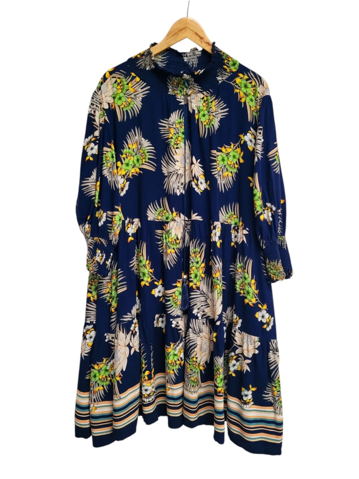 NATASHA GAN Navy Tropical Floral Smocked Tiered Midi Dress Size 18 — photo 1 of 9