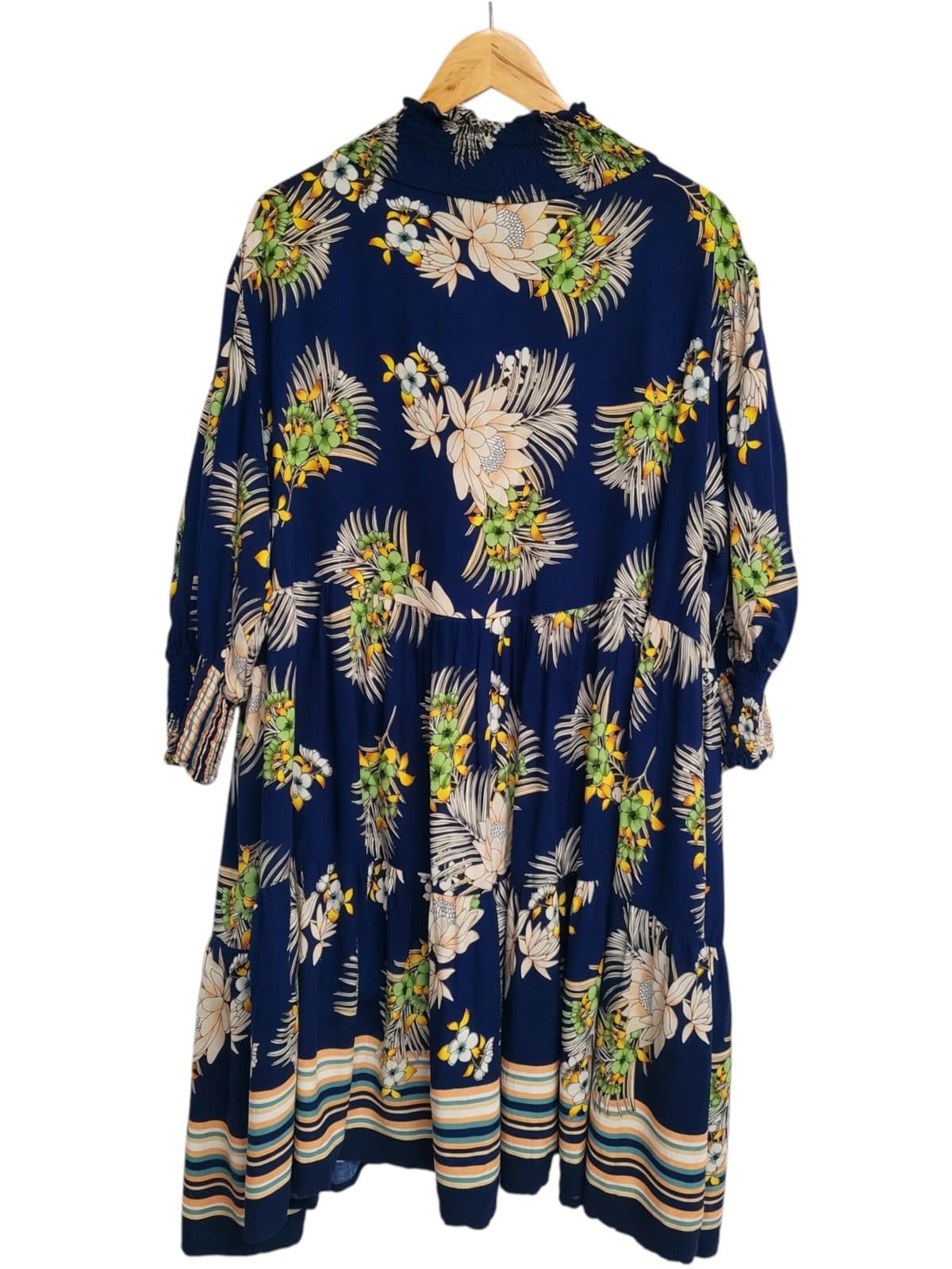 NATASHA GAN Navy Tropical Floral Smocked Tiered Midi Dress Size 18 — photo 2 of 9