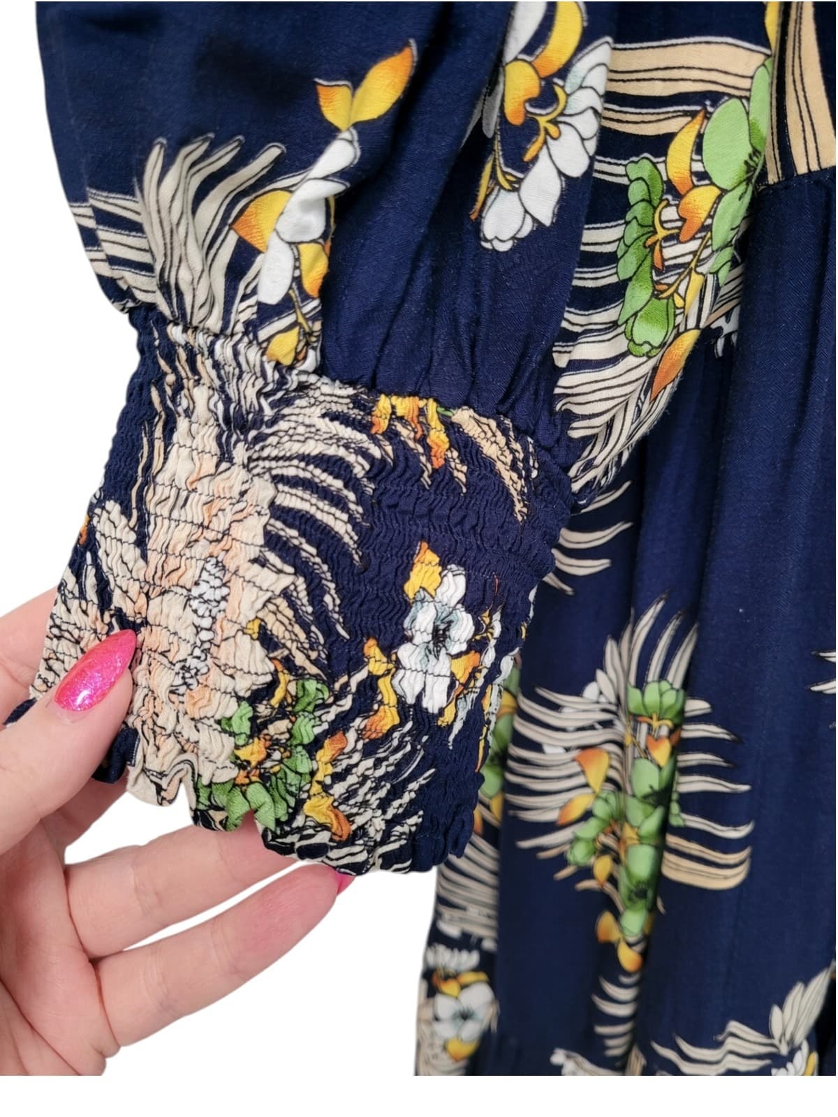 NATASHA GAN Navy Tropical Floral Smocked Tiered Midi Dress Size 18 — photo 5 of 9