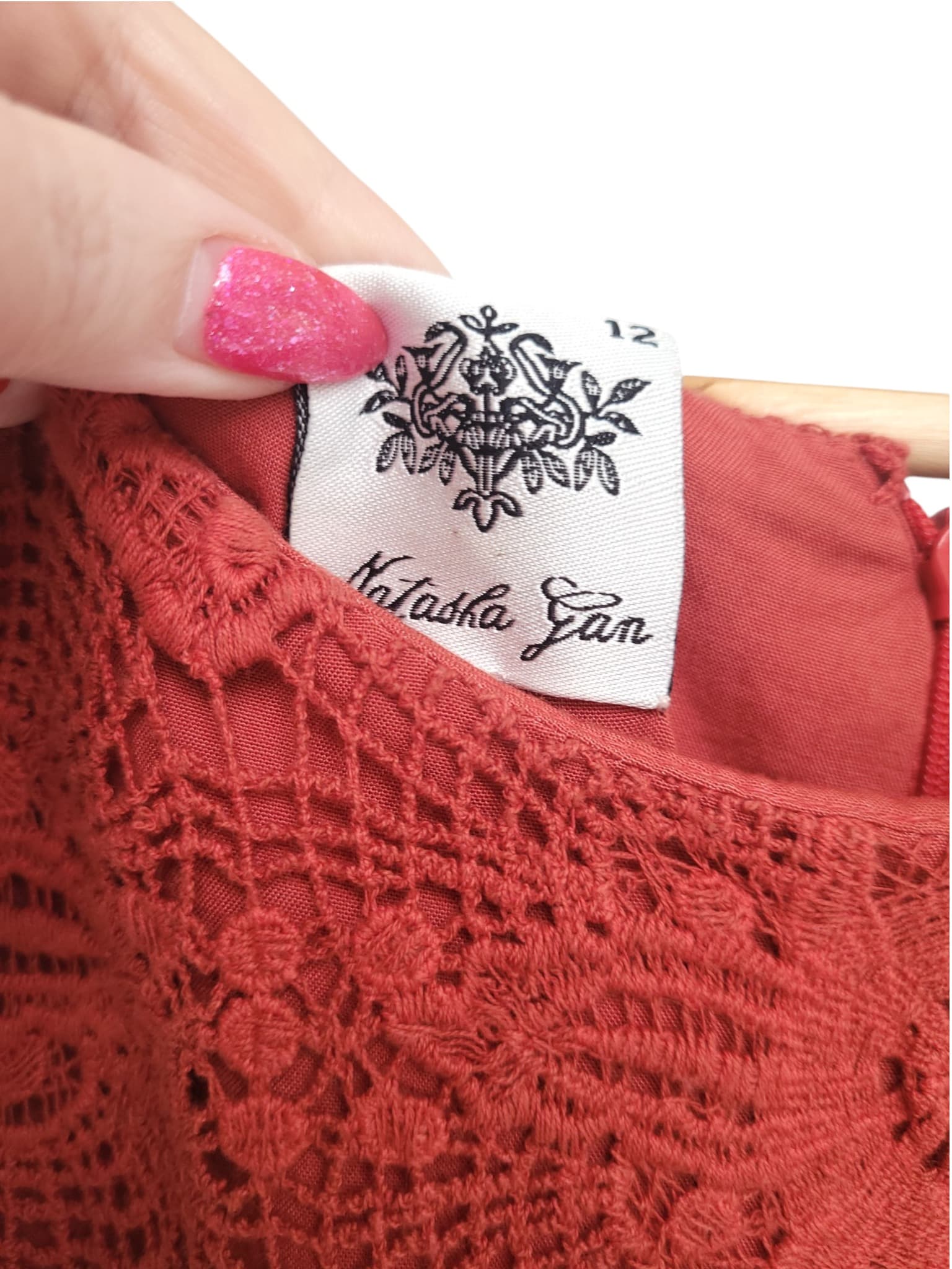 NATASHA GAN Terracotta Red Cotton Crochet Lace Mini Dress Size 12 — photo 6 of 6