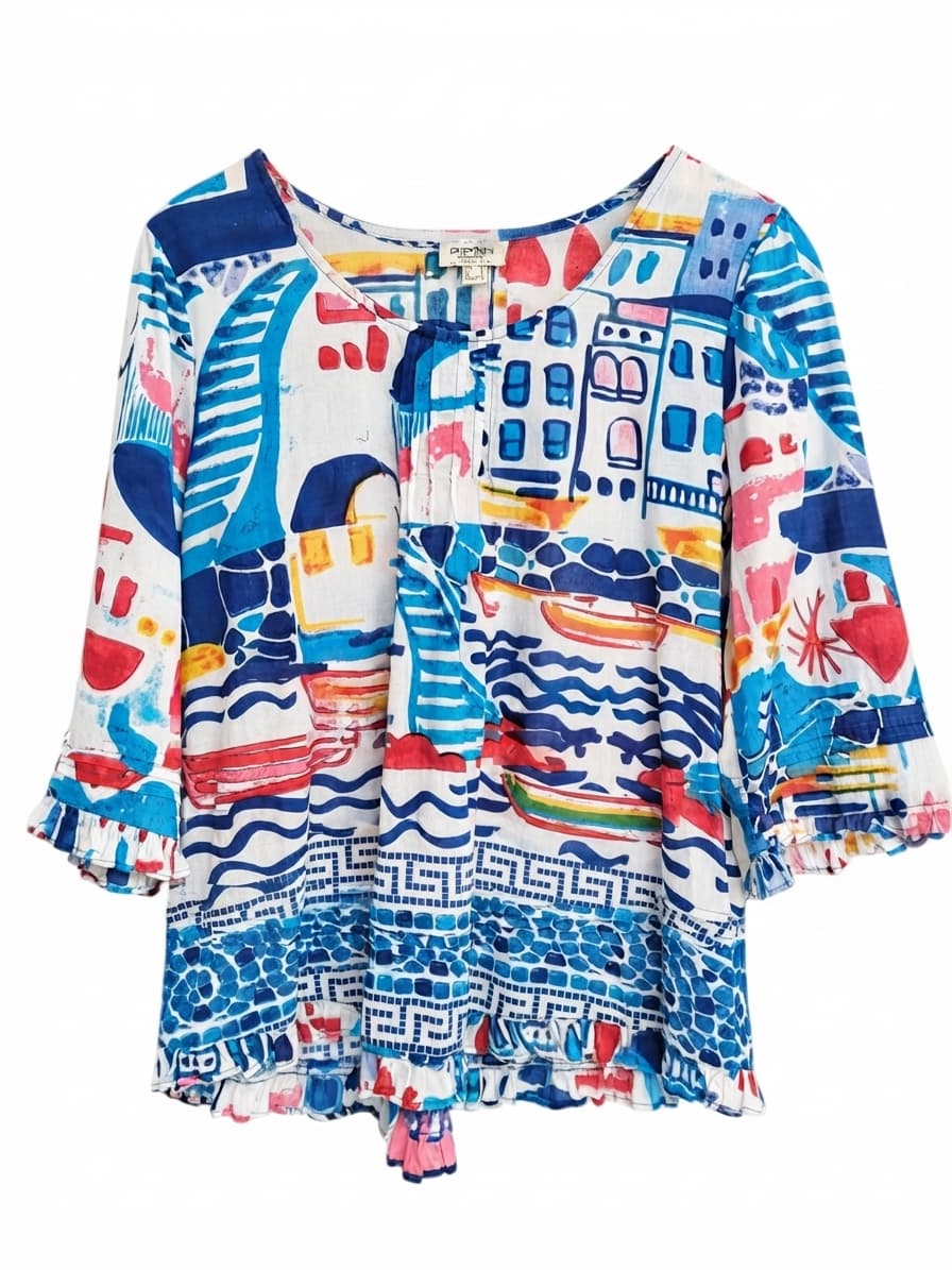 ORIENTIQUE Blue Multicolour Seaside Print Cotton Tunic Top Size 12 — photo 1 of 6