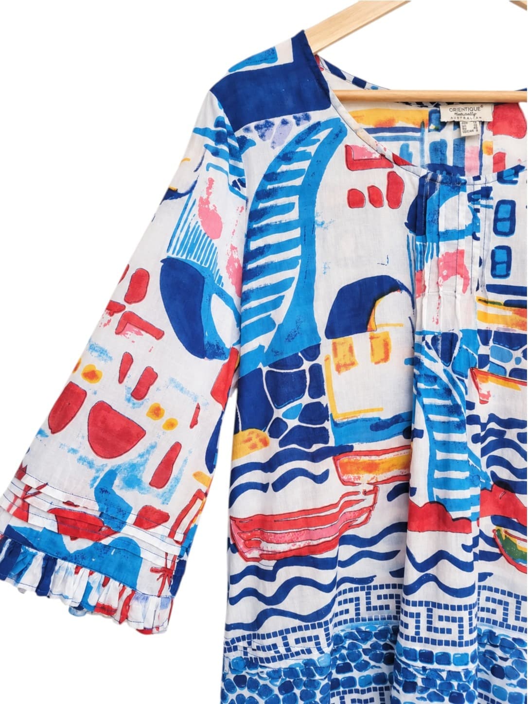 ORIENTIQUE Blue Multicolour Seaside Print Cotton Tunic Top Size 12 — photo 2 of 6