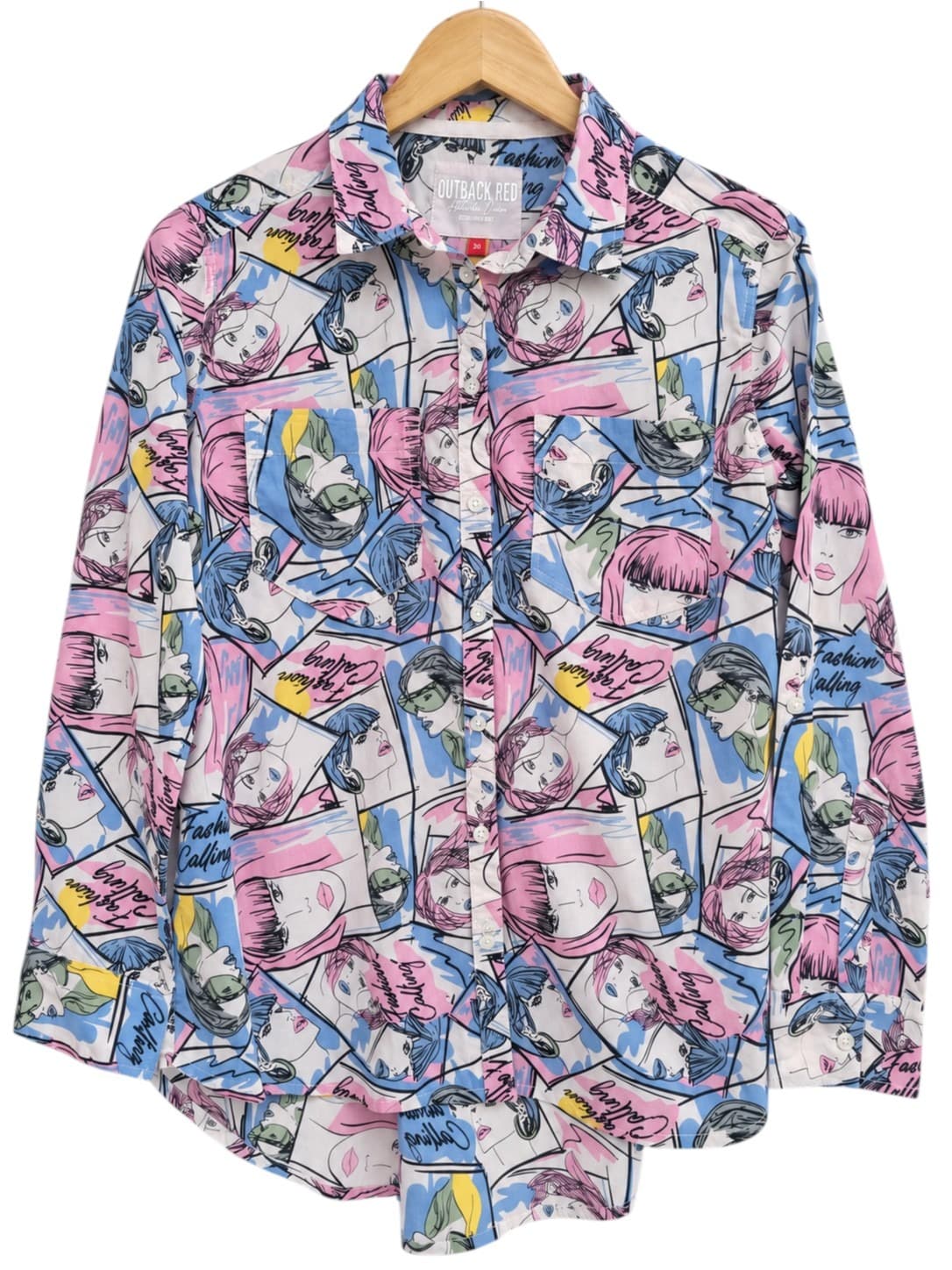Outback Red Womens Shirt Size 30 Pop Art Comic Print Cotton Button Up Pink Blue approx AU14 — photo 2 of 8