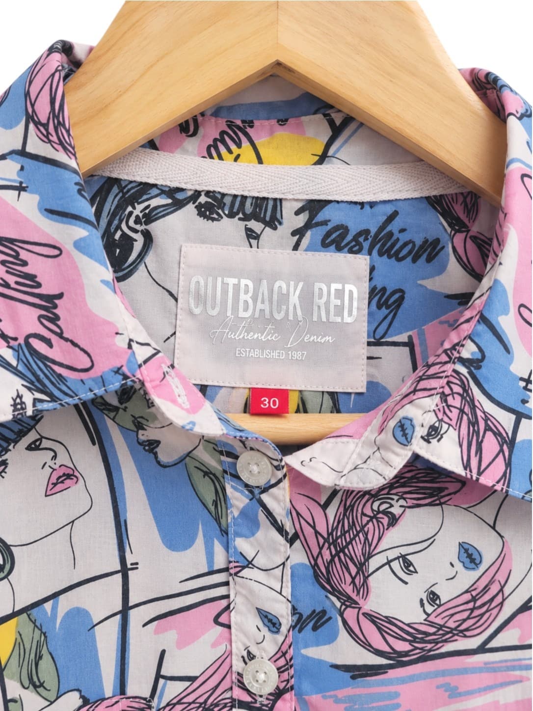 Outback Red Womens Shirt Size 30 Pop Art Comic Print Cotton Button Up Pink Blue approx AU14 — photo 6 of 8