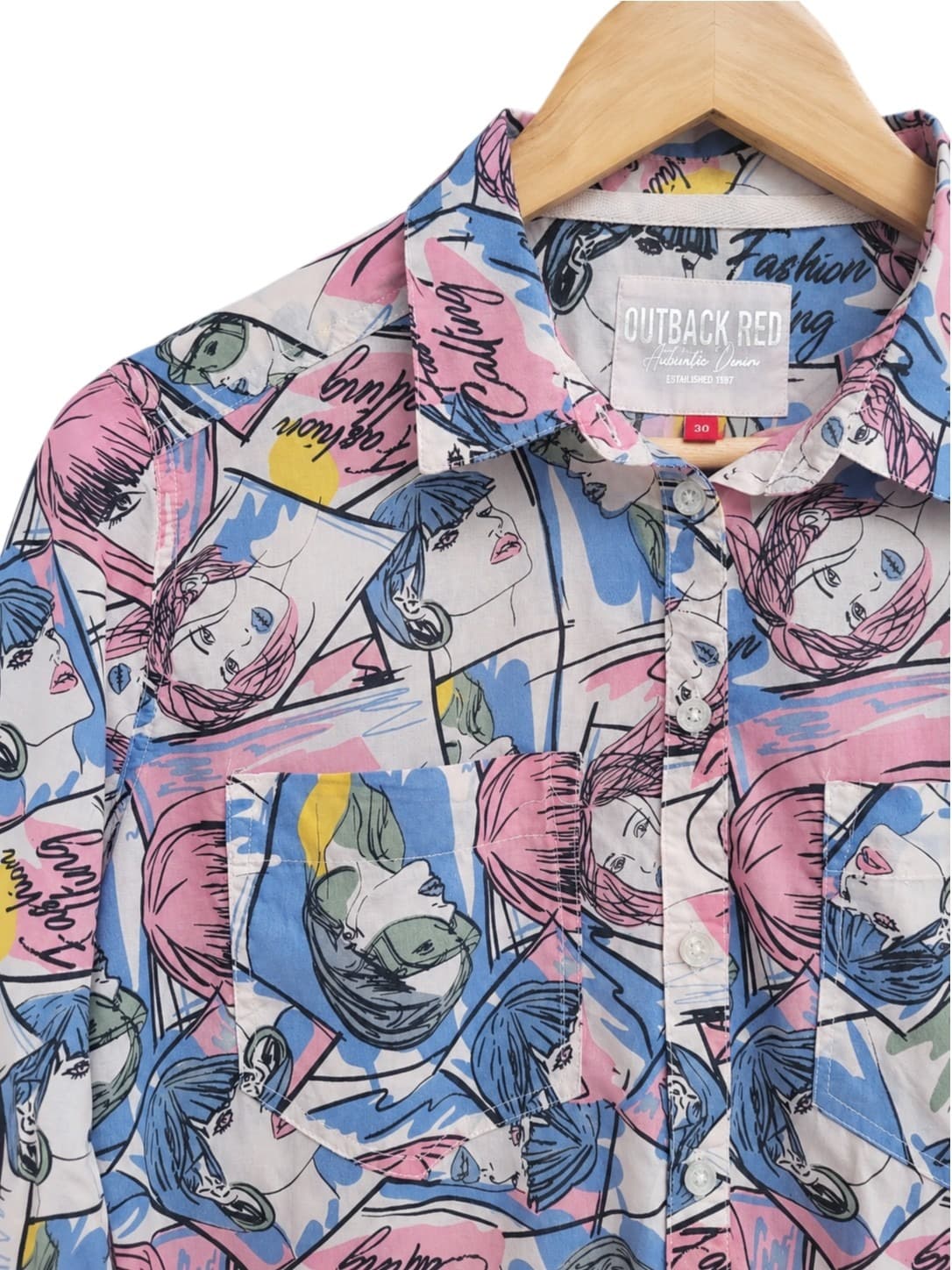 Outback Red Womens Shirt Size 30 Pop Art Comic Print Cotton Button Up Pink Blue approx AU14 — photo 1 of 8
