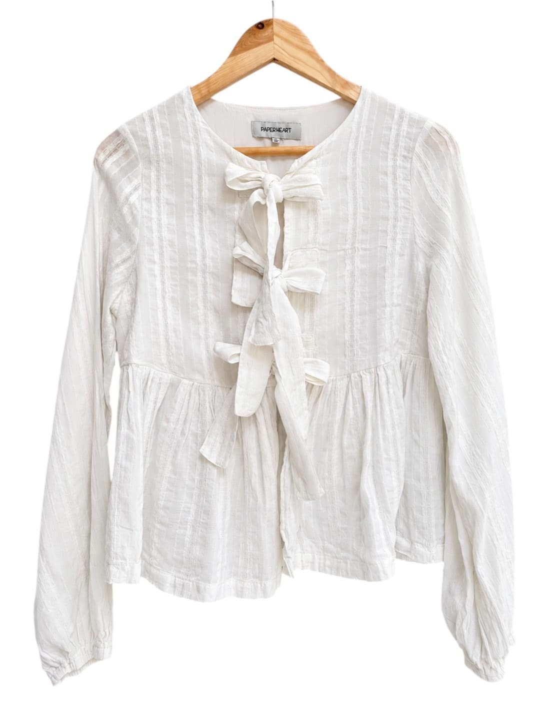 Paperheart Womens Blouse Size 10 White Cotton Bow Tie Front Peplum Long Sleeve — photo 1 of 5