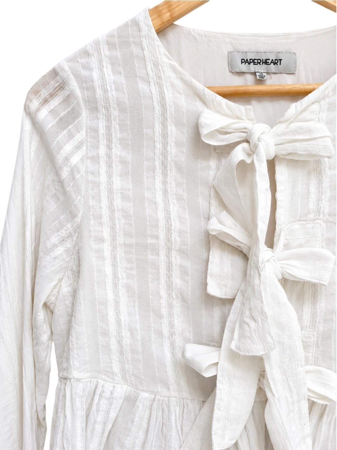 Paperheart Womens Blouse Size 10 White Cotton Bow Tie Front Peplum Long Sleeve — photo 2 of 5