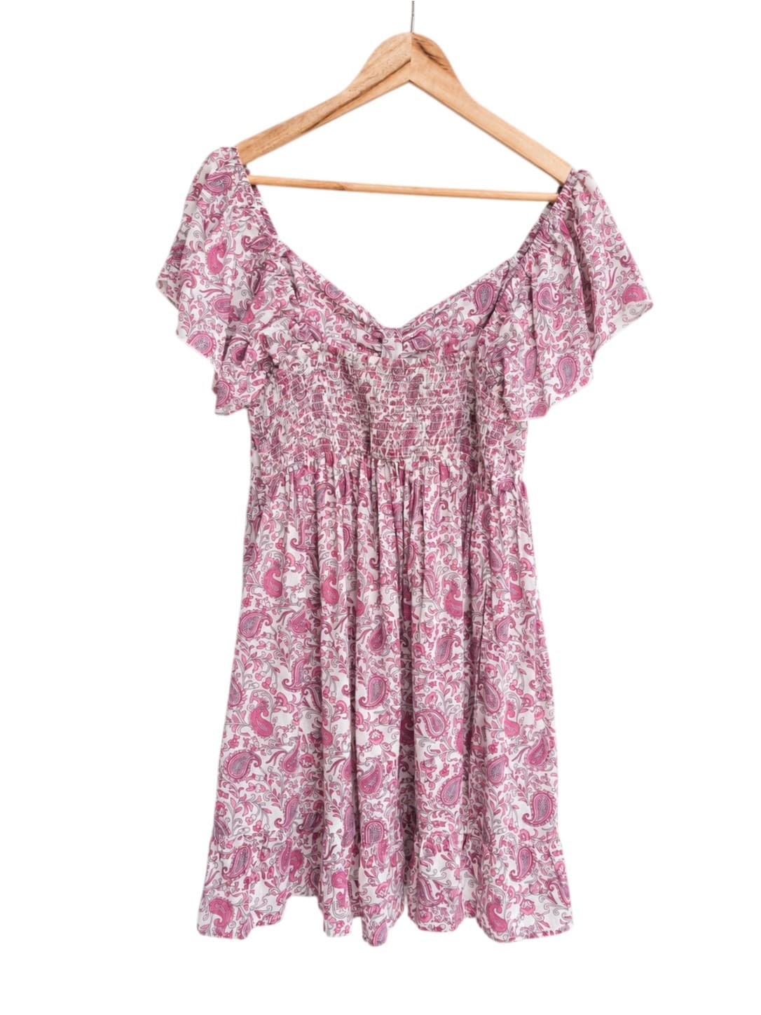 Peace Angel Pink Paisley Cotton Mini Dress Womens L Off Shoulder Boho Flutter — photo 4 of 7