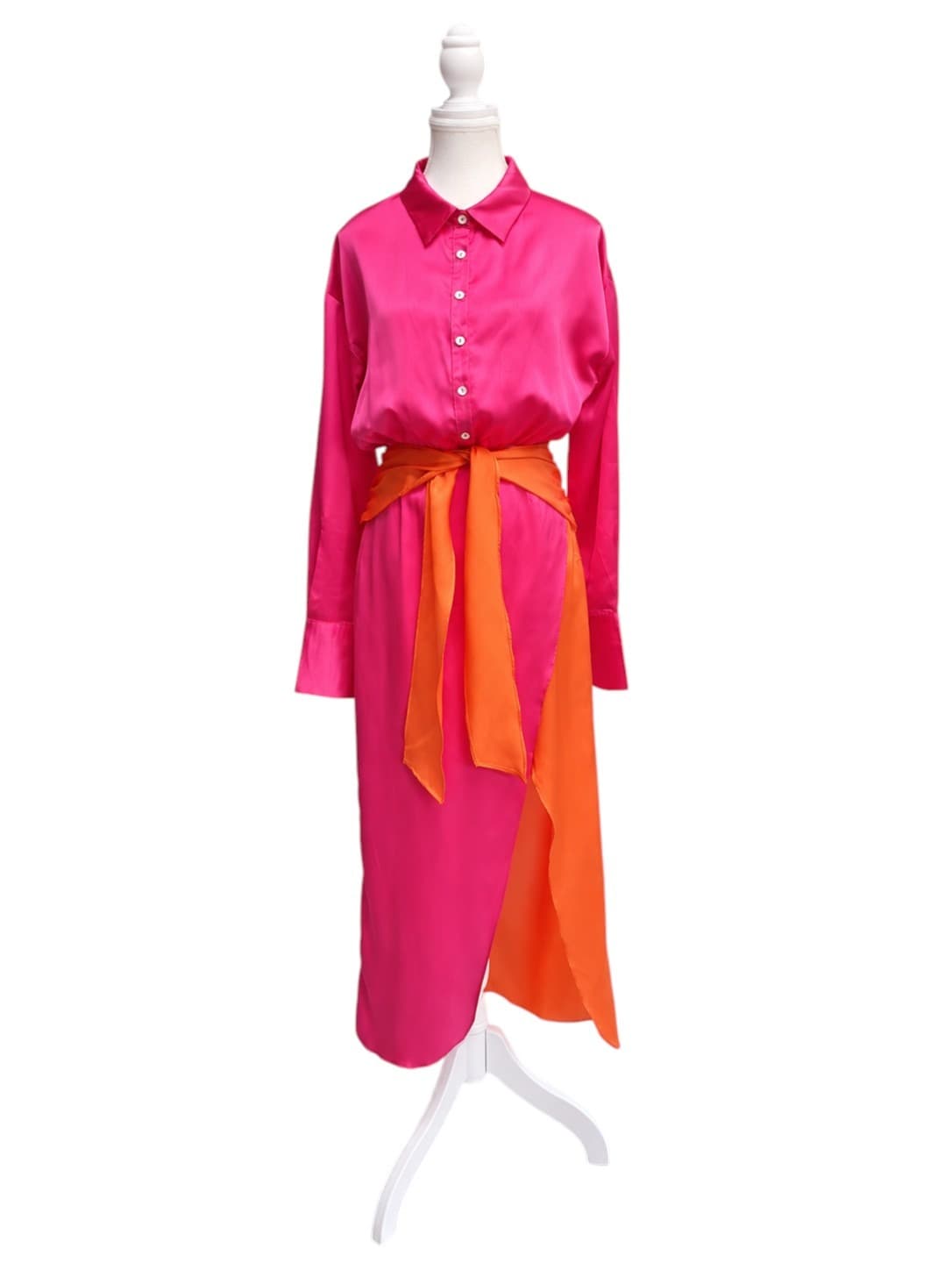 Petal & Pup Satin Maxi Shirt Dress Pink Orange Colour Block Belted Womens S — photo 1 of 10