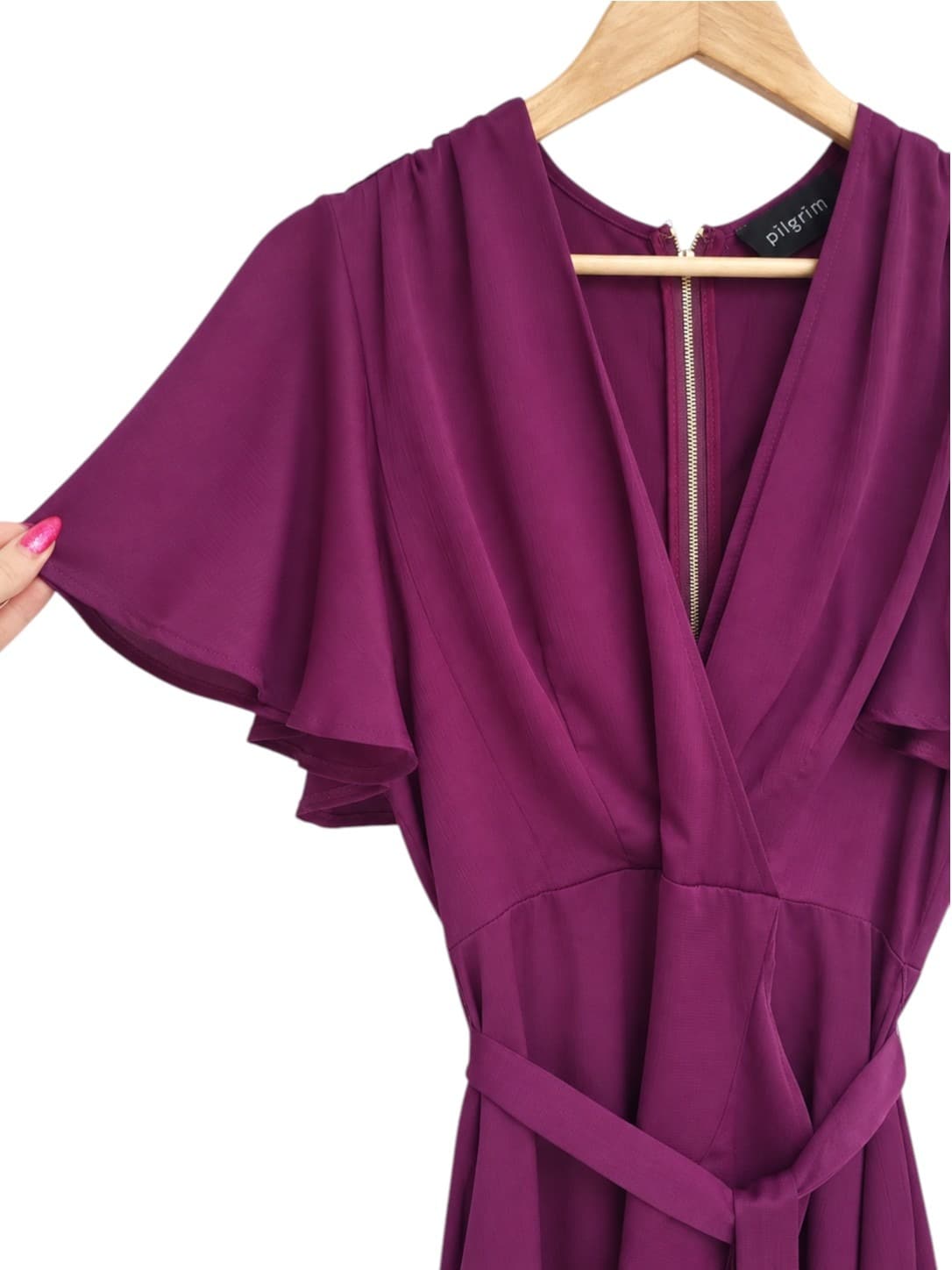PILGRIM Purple Flutter Sleeve Ruffle Wrap Style Midi Dress Size 14 — photo 2 of 8