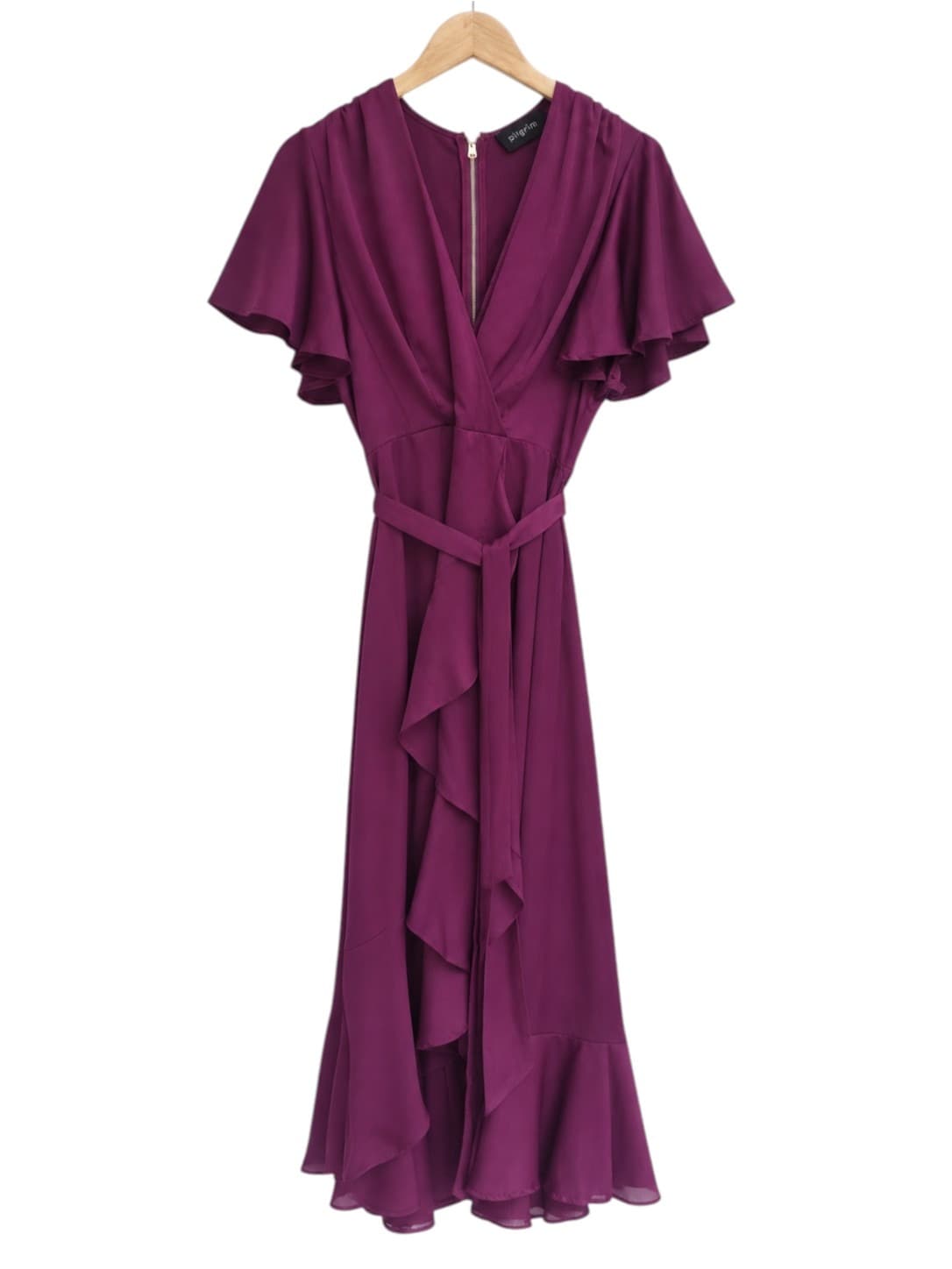 PILGRIM Purple Flutter Sleeve Ruffle Wrap Style Midi Dress Size 14 — photo 1 of 8