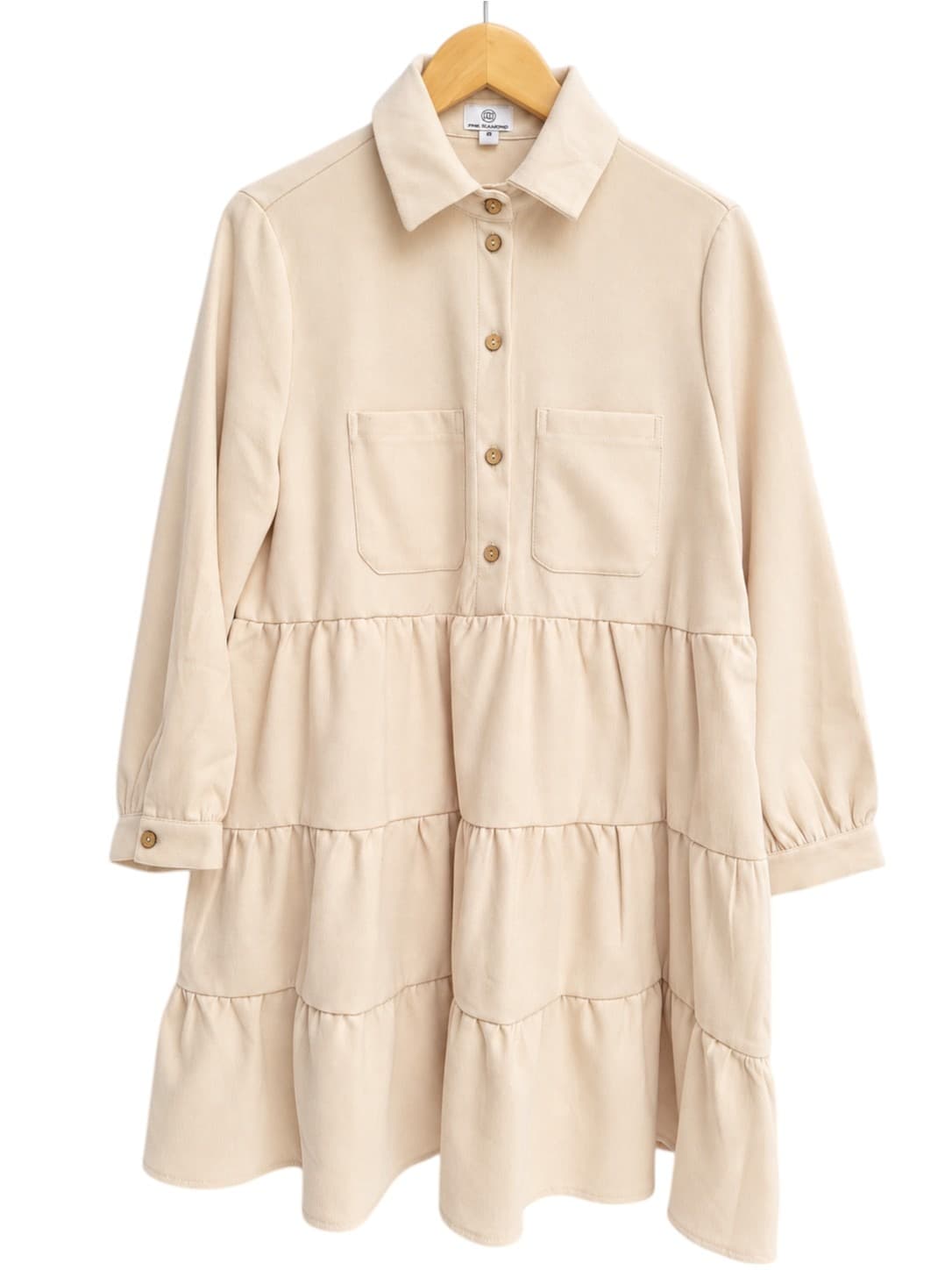 PINK DIAMOND Beige Corduroy Tiered Shirt Dress Long Sleeve Size 8 — photo 1 of 5