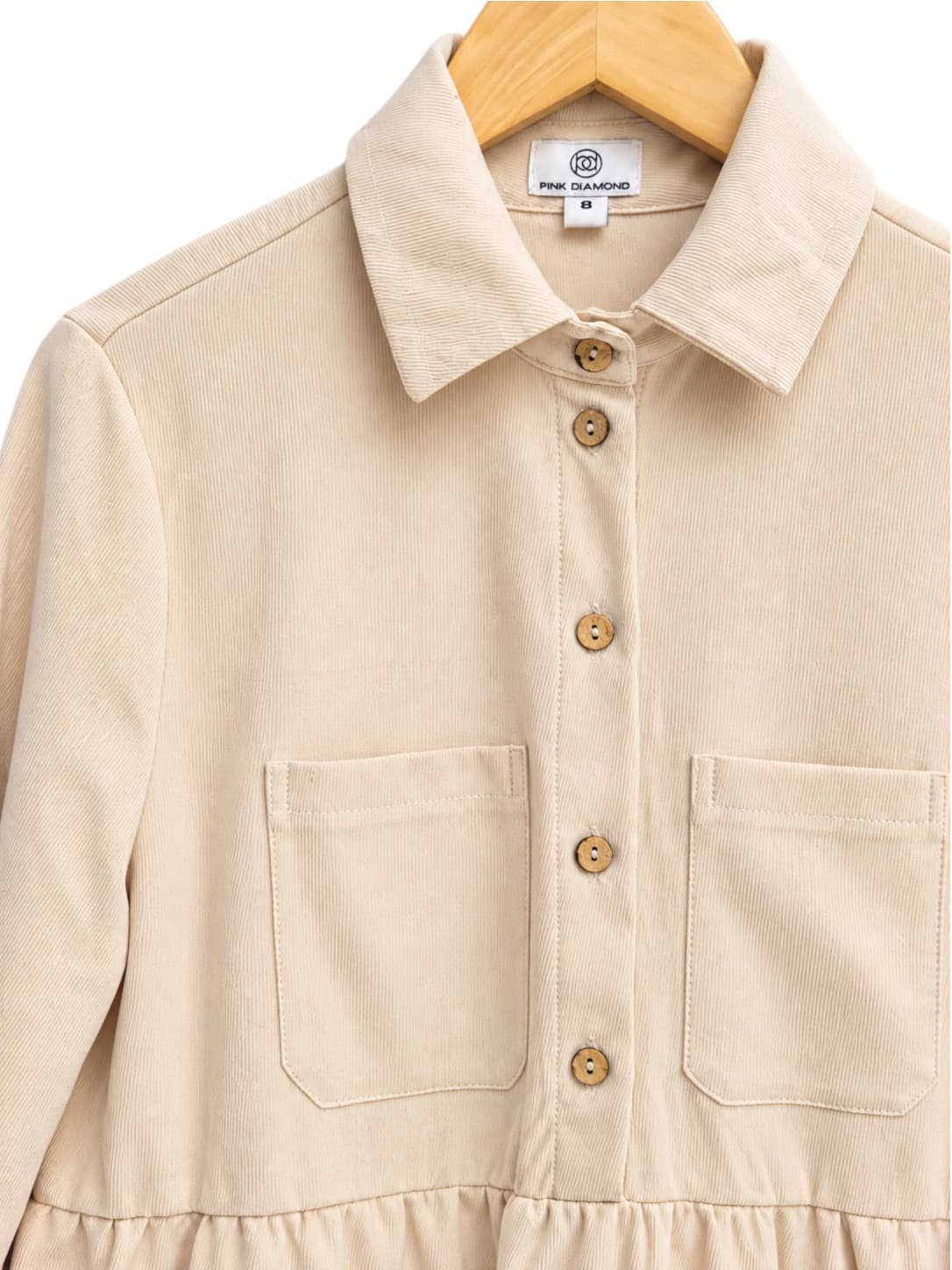 PINK DIAMOND Beige Corduroy Tiered Shirt Dress Long Sleeve Size 8 — photo 2 of 5