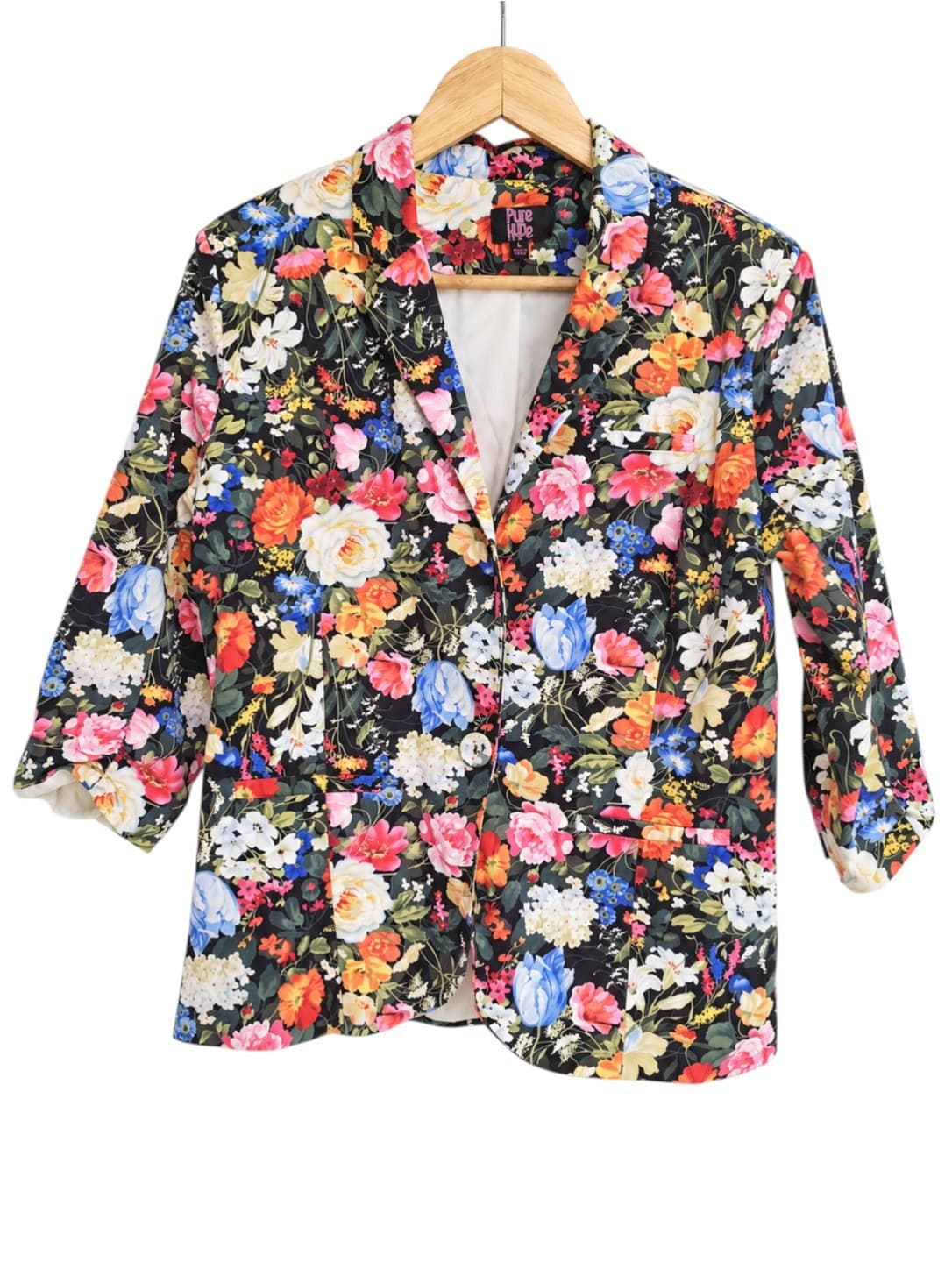 Pure Hype Floral Blazer Womens L Black Multicolour Cotton Blend Statement Jacket — photo 2 of 6