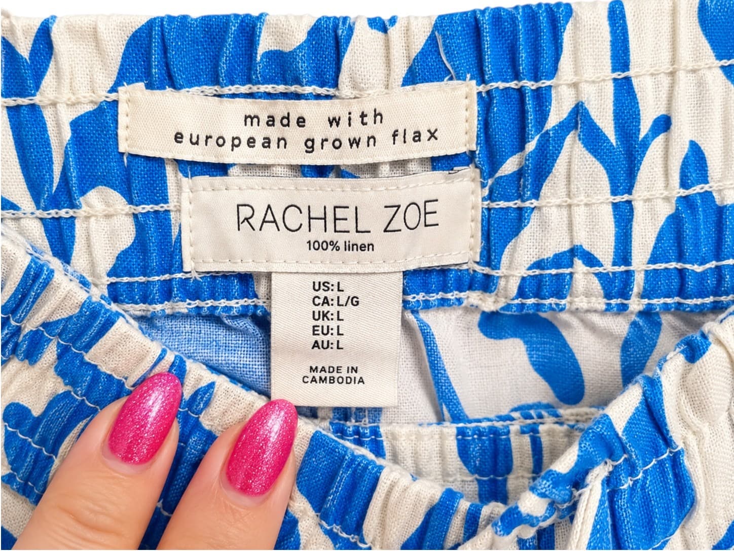 RACHEL ZOE Blue White Leaf Print 100% Linen Wide Leg Pants Size L — photo 7 of 7