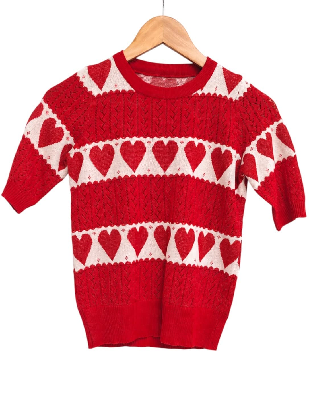 Red White Glitter Heart Pointelle Knit Short Sleeve Sweater Est Size 6-8 — photo 1 of 4