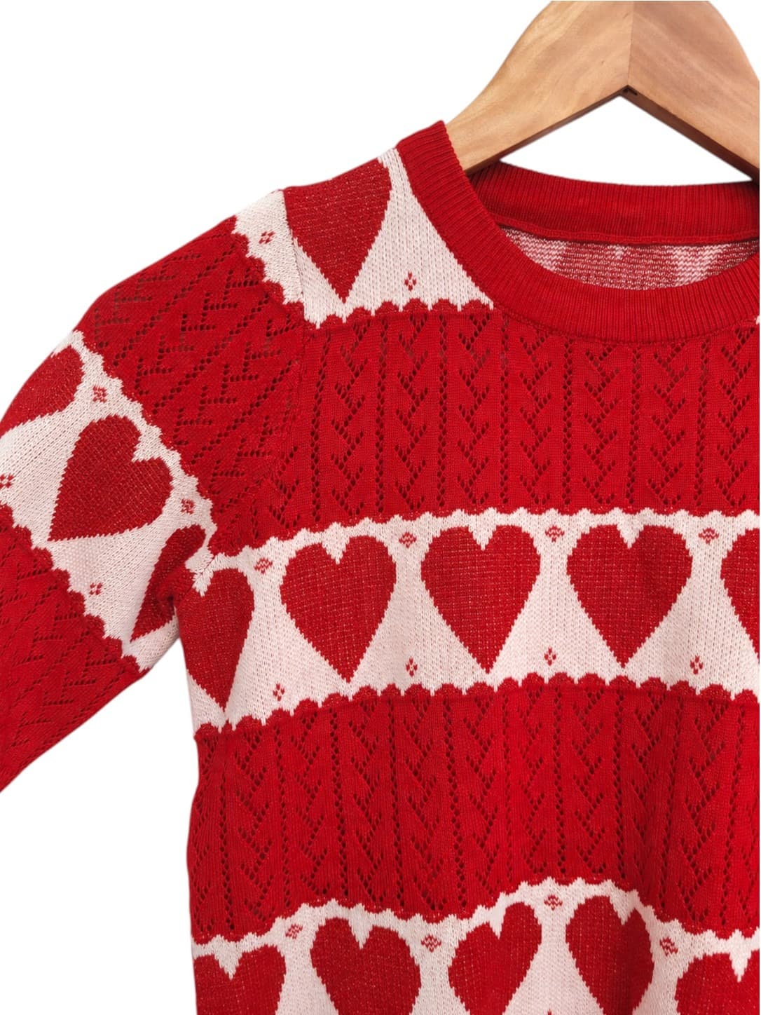 Red White Glitter Heart Pointelle Knit Short Sleeve Sweater Est Size 6-8 — photo 2 of 4