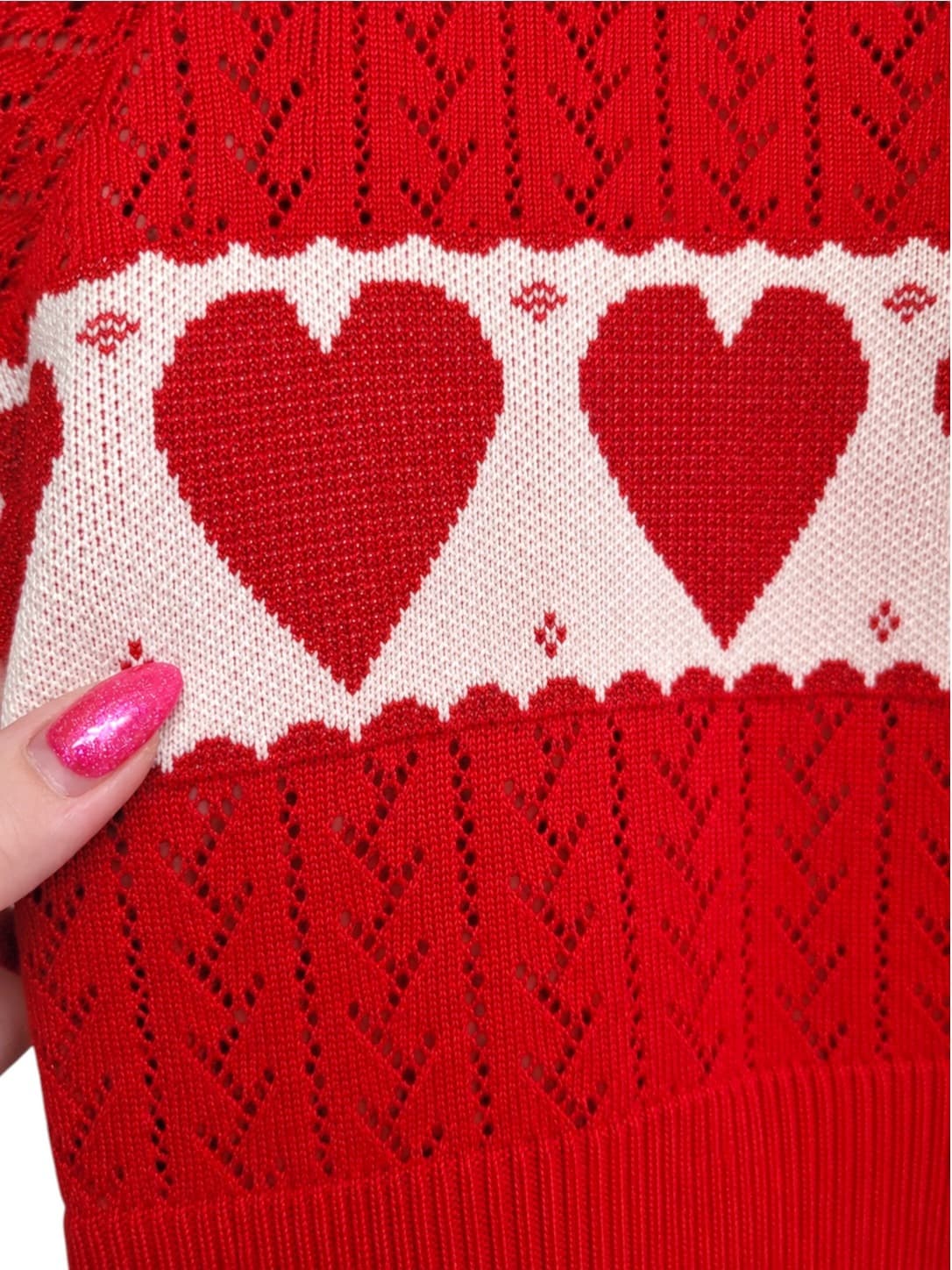 Red White Glitter Heart Pointelle Knit Short Sleeve Sweater Est Size 6-8 — photo 3 of 4