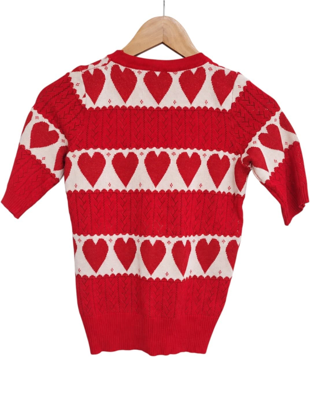 Red White Glitter Heart Pointelle Knit Short Sleeve Sweater Est Size 6-8 — photo 4 of 4
