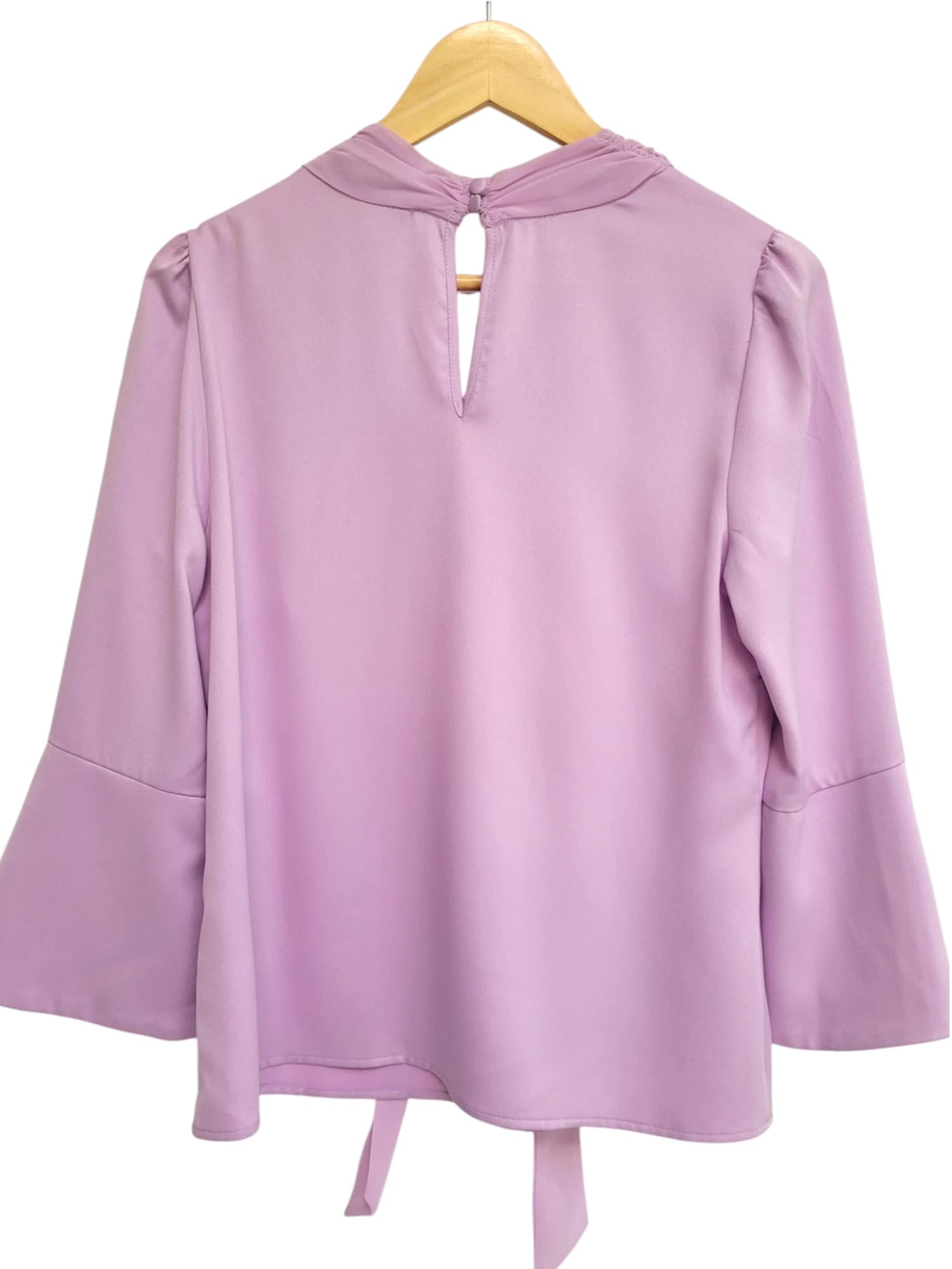 REVIEW Lavender Tie Neck Bell Sleeve Blouse Size 12 — photo 4 of 7