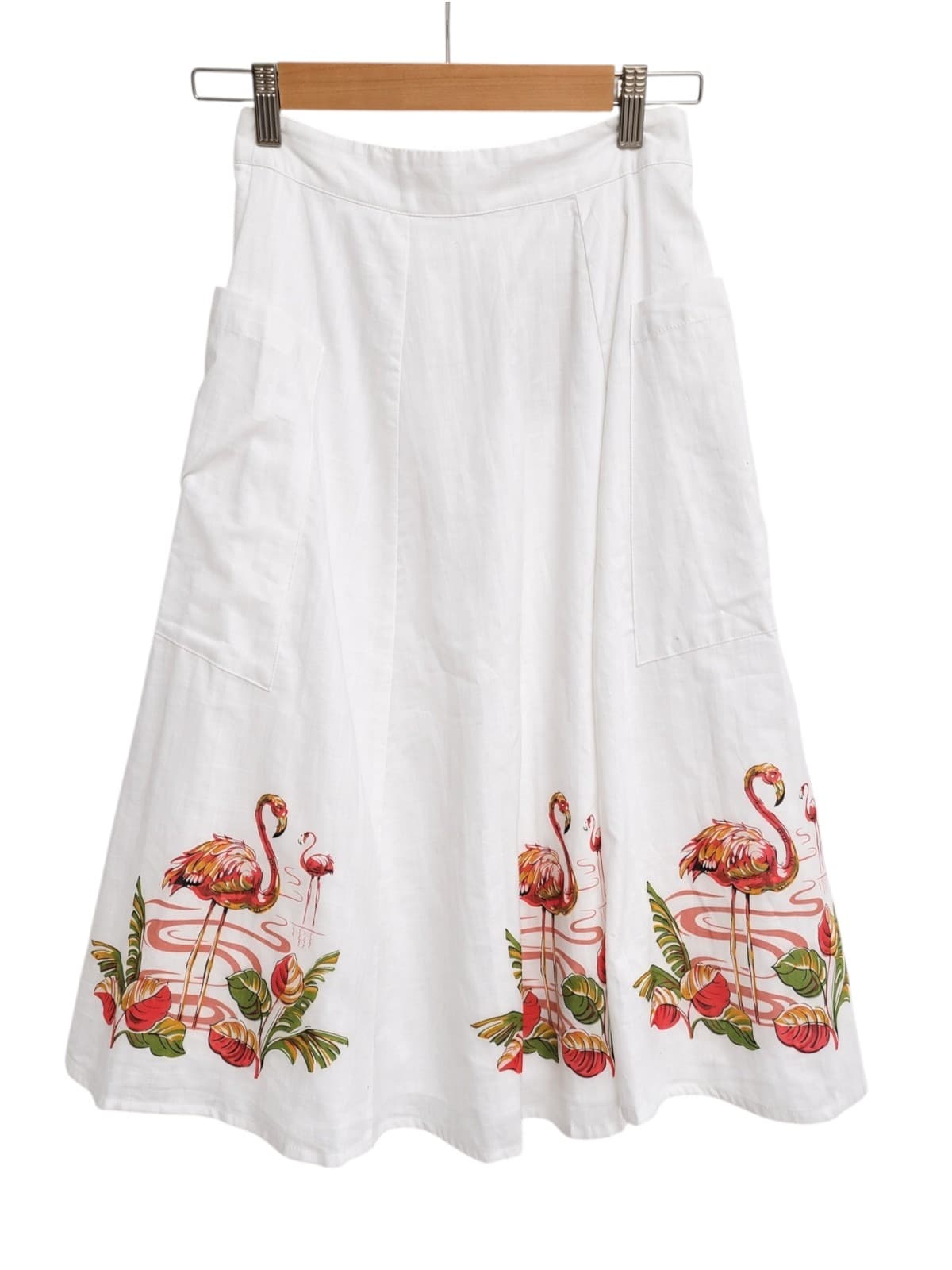 REVIVAL White Flamingo Print Cotton A-Line Midi Skirt BNWT Size 8 — photo 1 of 9