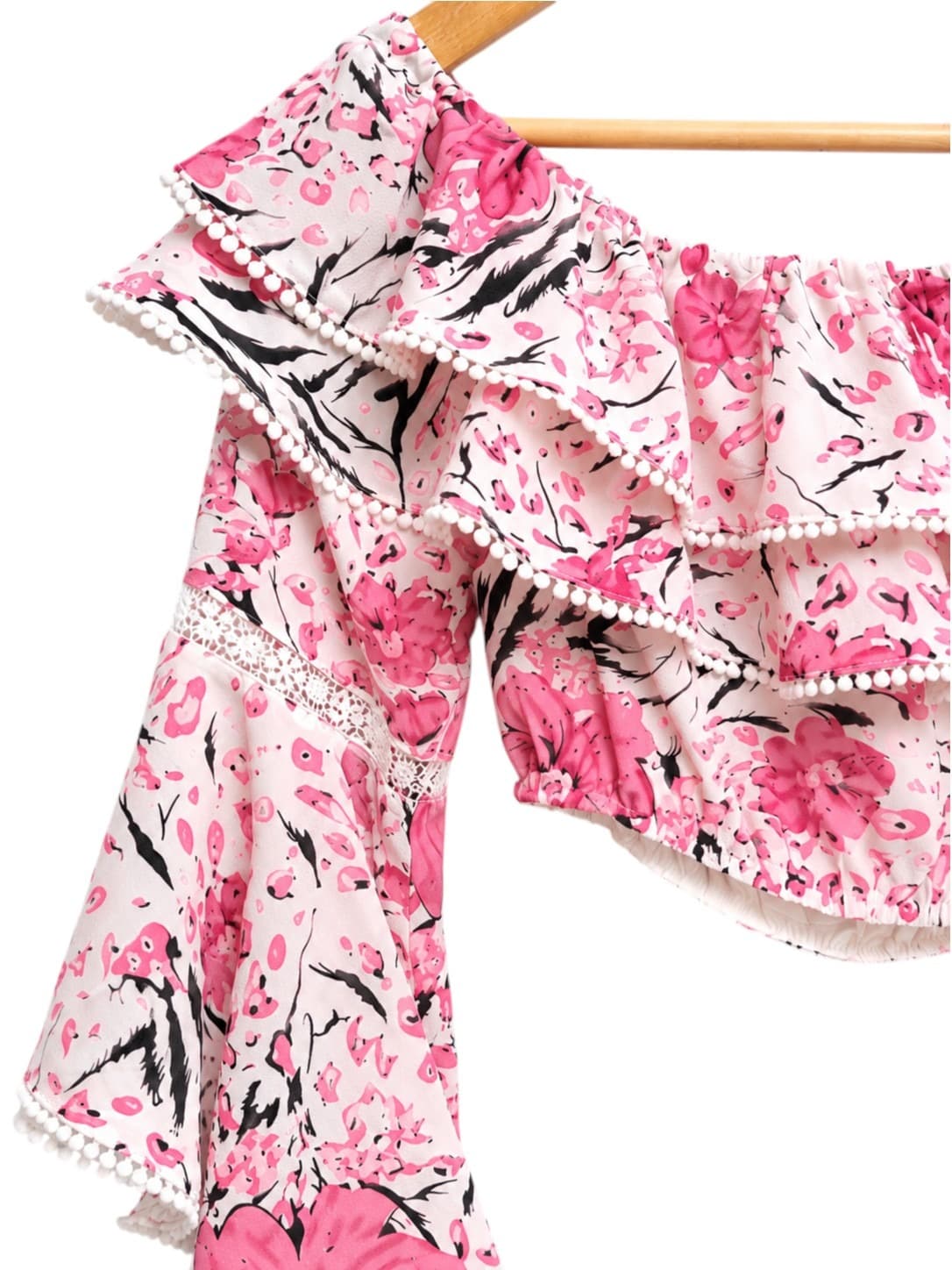 Ruby Sees Floral Crop Top Womens 8 Pink Off Shoulder Bell Sleeve Pom Pom BNWT — photo 2 of 6