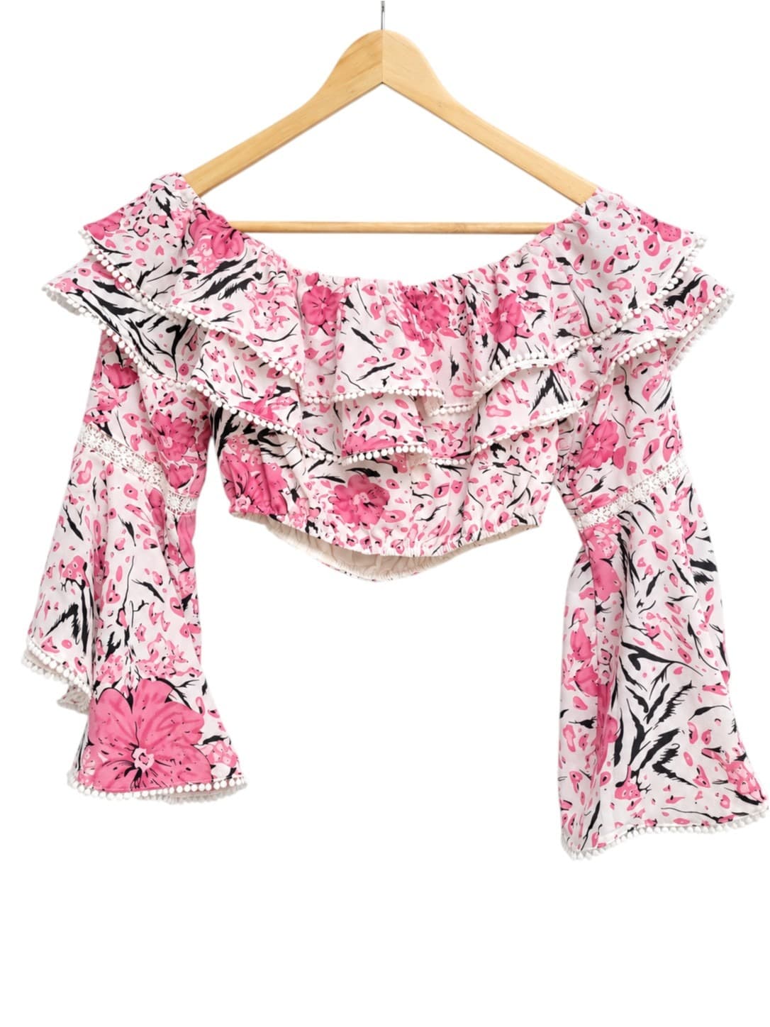 Ruby Sees Floral Crop Top Womens 8 Pink Off Shoulder Bell Sleeve Pom Pom BNWT — photo 1 of 6