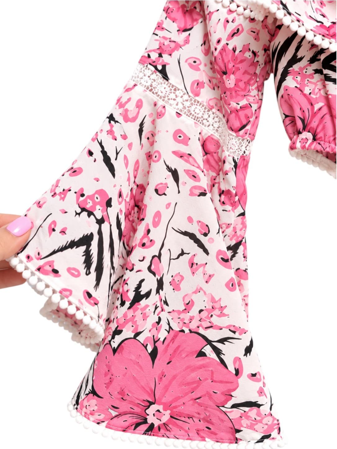 Ruby Sees Floral Crop Top Womens 8 Pink Off Shoulder Bell Sleeve Pom Pom BNWT — photo 3 of 6