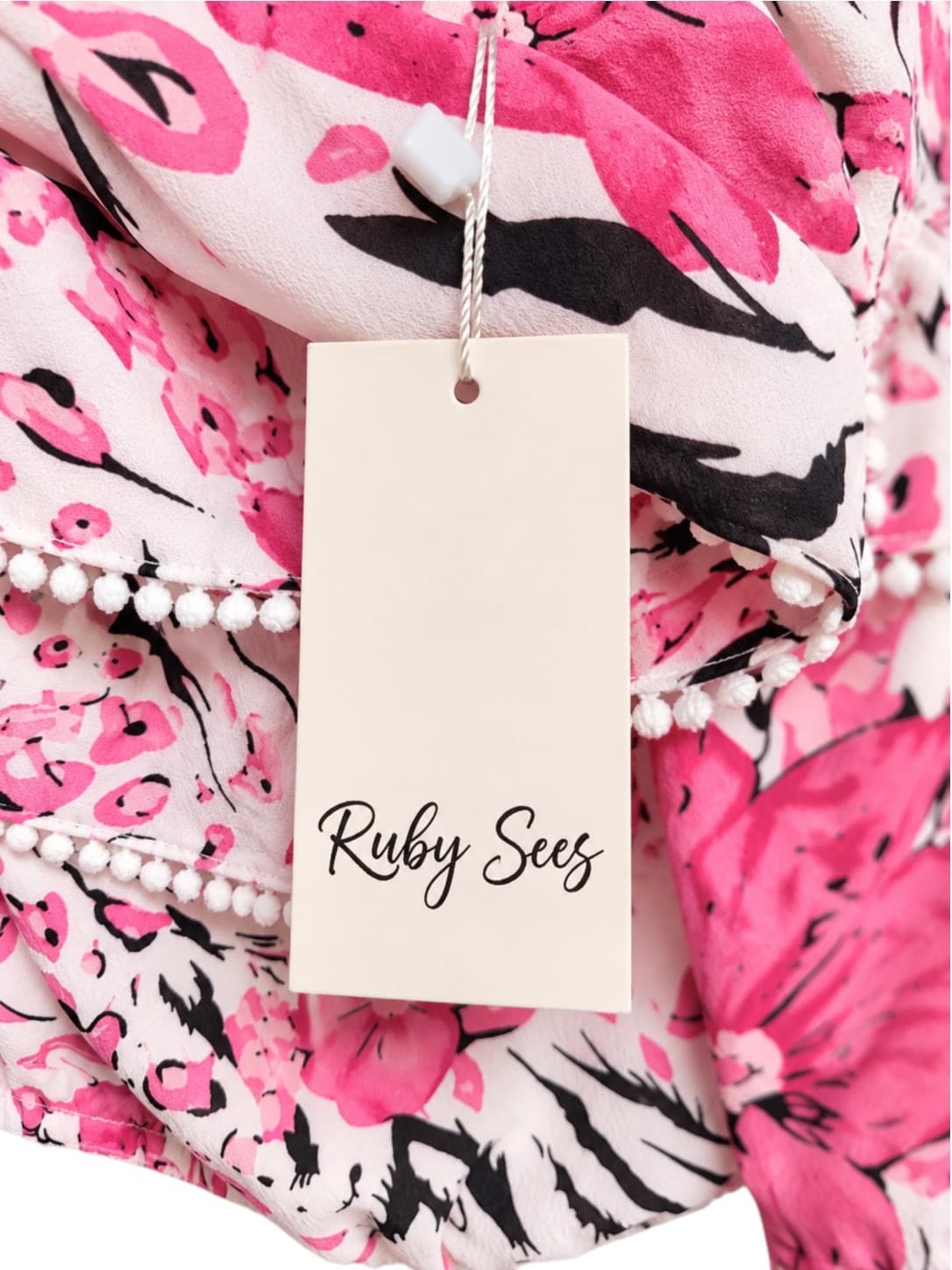 Ruby Sees Floral Crop Top Womens 8 Pink Off Shoulder Bell Sleeve Pom Pom BNWT — photo 4 of 6