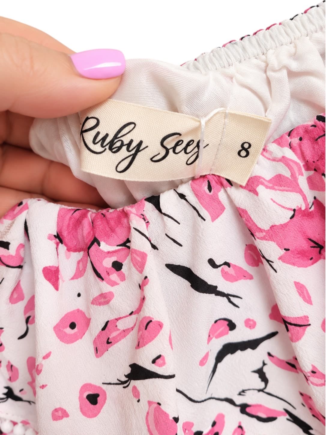Ruby Sees Floral Crop Top Womens 8 Pink Off Shoulder Bell Sleeve Pom Pom BNWT — photo 5 of 6
