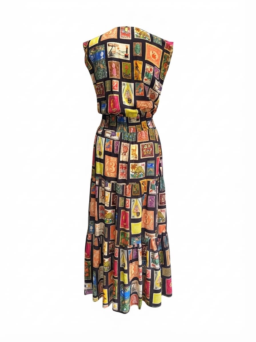 RUBY YAYA Vintage Postage Stamp Print Tiered Maxi Dress Size XS — photo 2 of 8