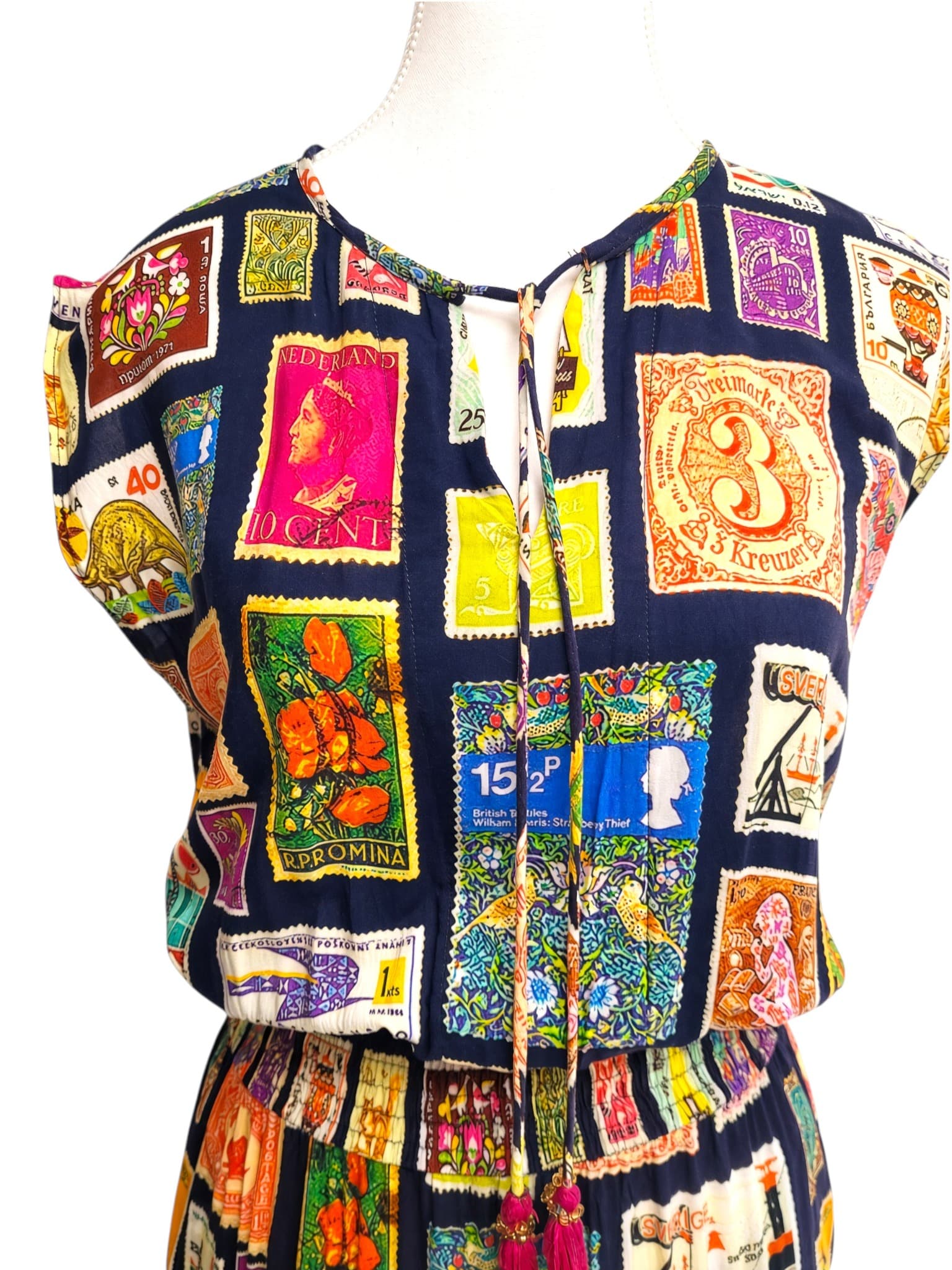 RUBY YAYA Vintage Postage Stamp Print Tiered Maxi Dress Size XS — photo 3 of 8