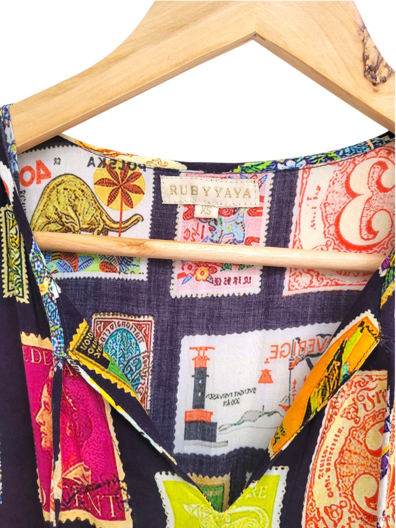 RUBY YAYA Vintage Postage Stamp Print Tiered Maxi Dress Size XS — photo 4 of 8