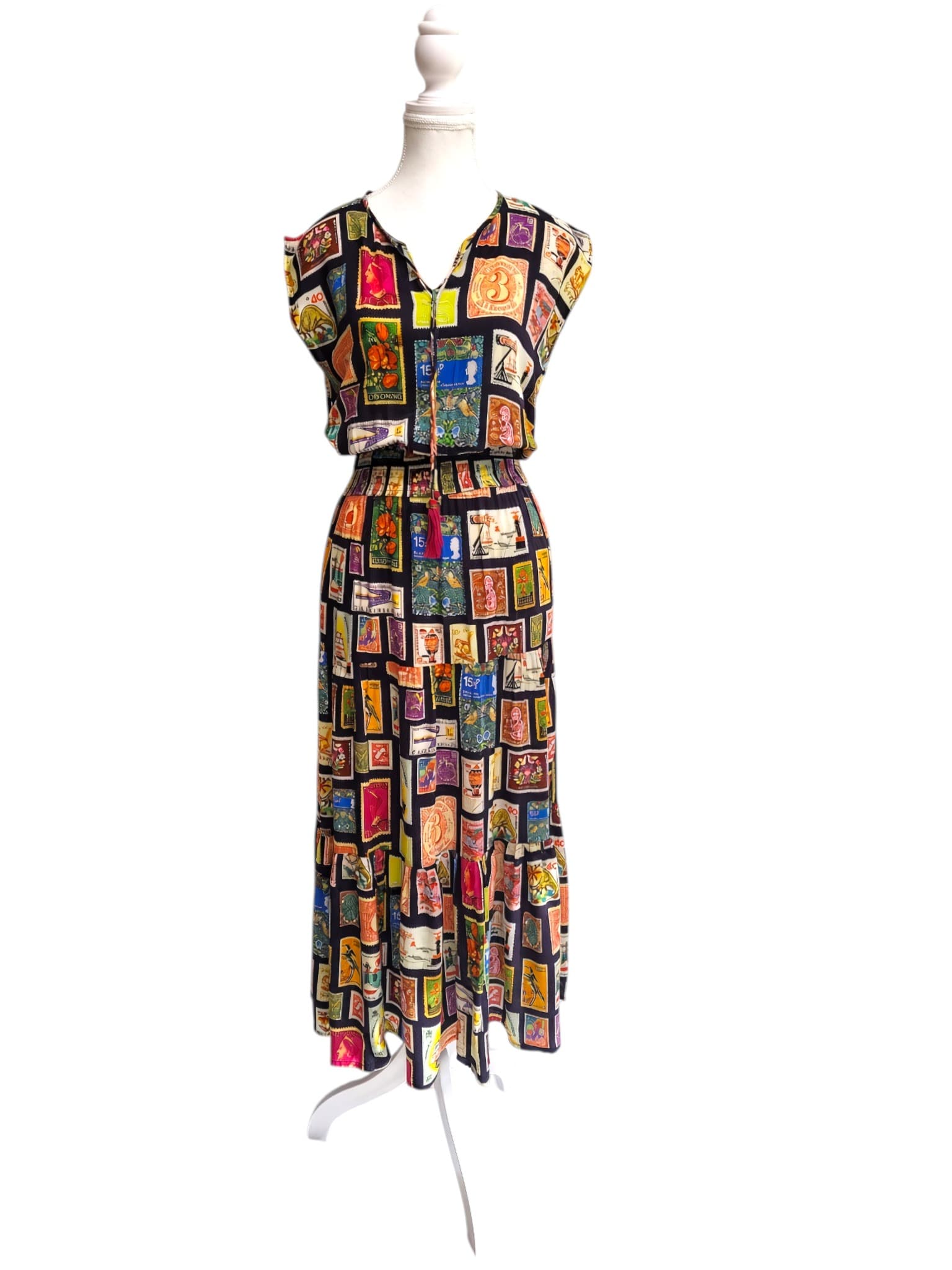 RUBY YAYA Vintage Postage Stamp Print Tiered Maxi Dress Size XS — photo 1 of 8