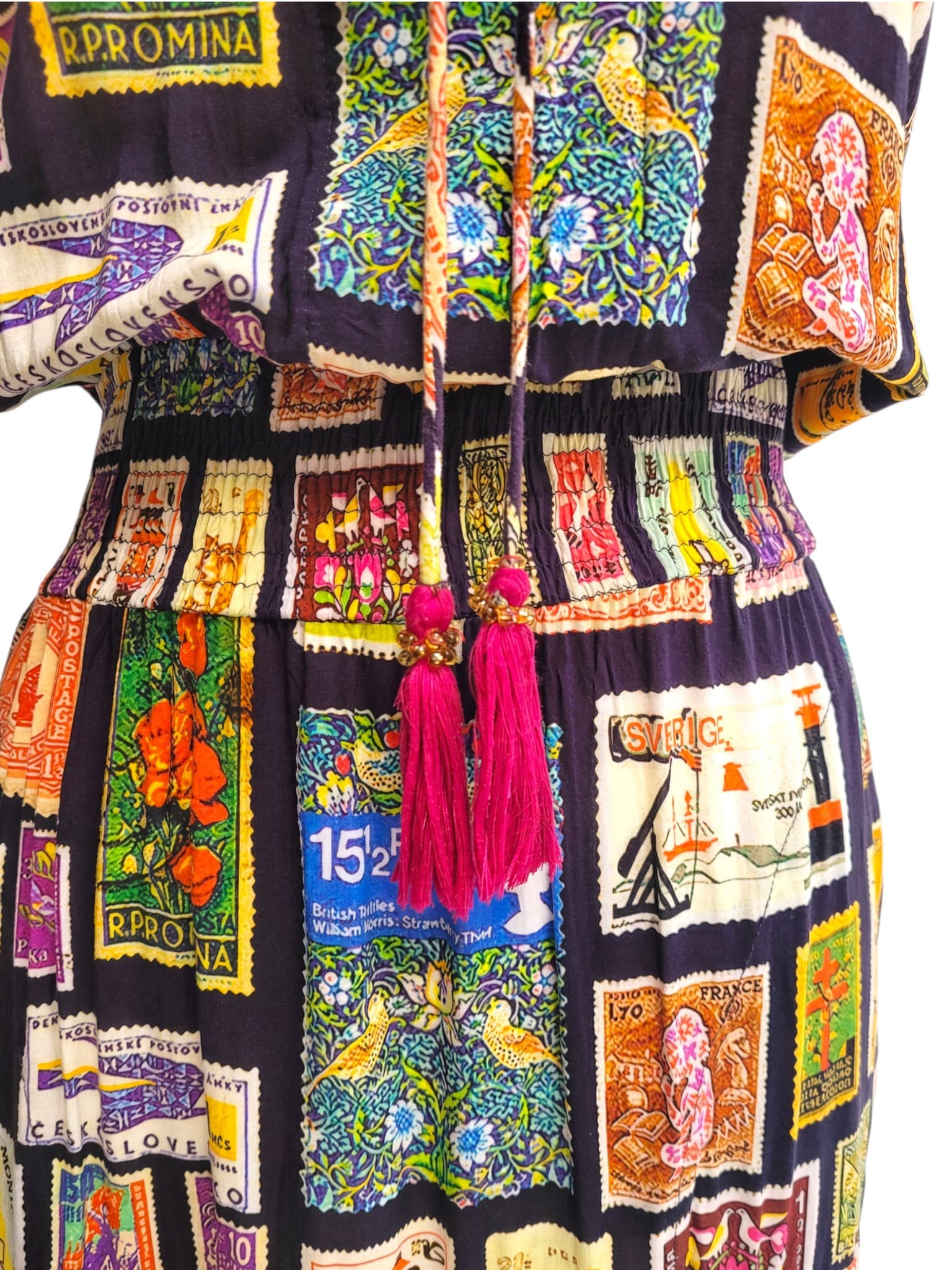 RUBY YAYA Vintage Postage Stamp Print Tiered Maxi Dress Size XS — photo 5 of 8