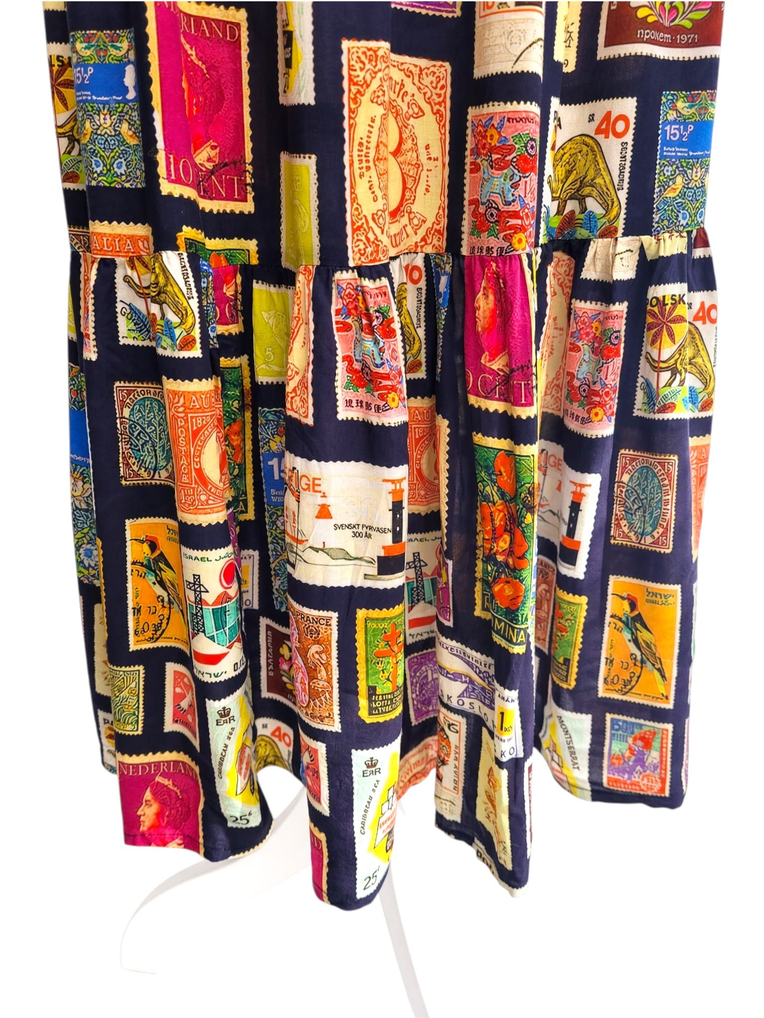 RUBY YAYA Vintage Postage Stamp Print Tiered Maxi Dress Size XS — photo 6 of 8