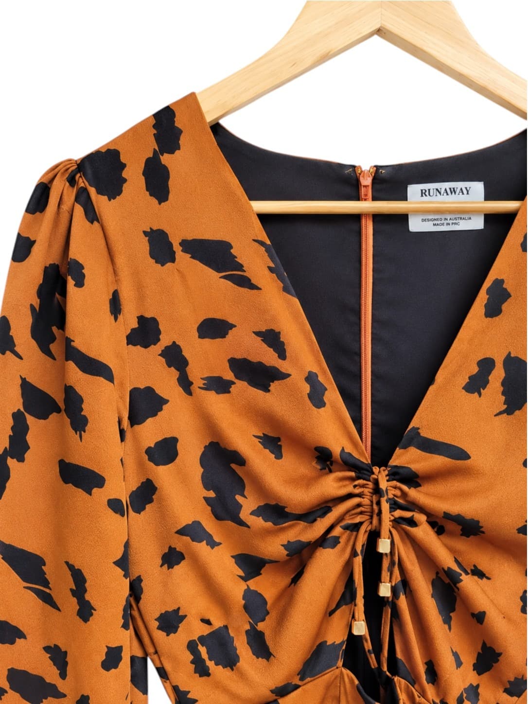 Runaway Womens Mini Dress Brown Black Animal Print Ruched Long Sleeve — photo 2 of 7