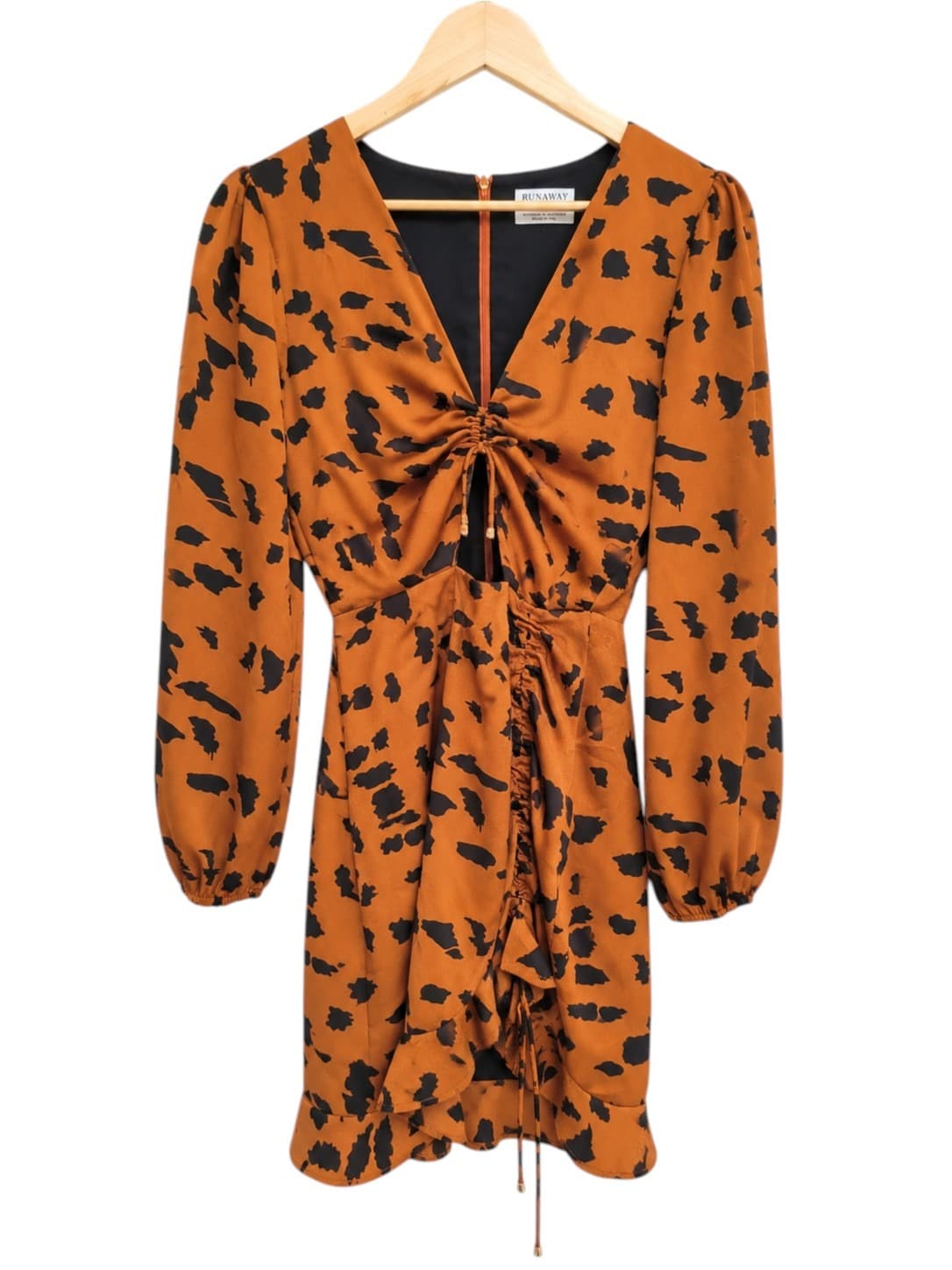 Runaway Womens Mini Dress Brown Black Animal Print Ruched Long Sleeve — photo 1 of 7