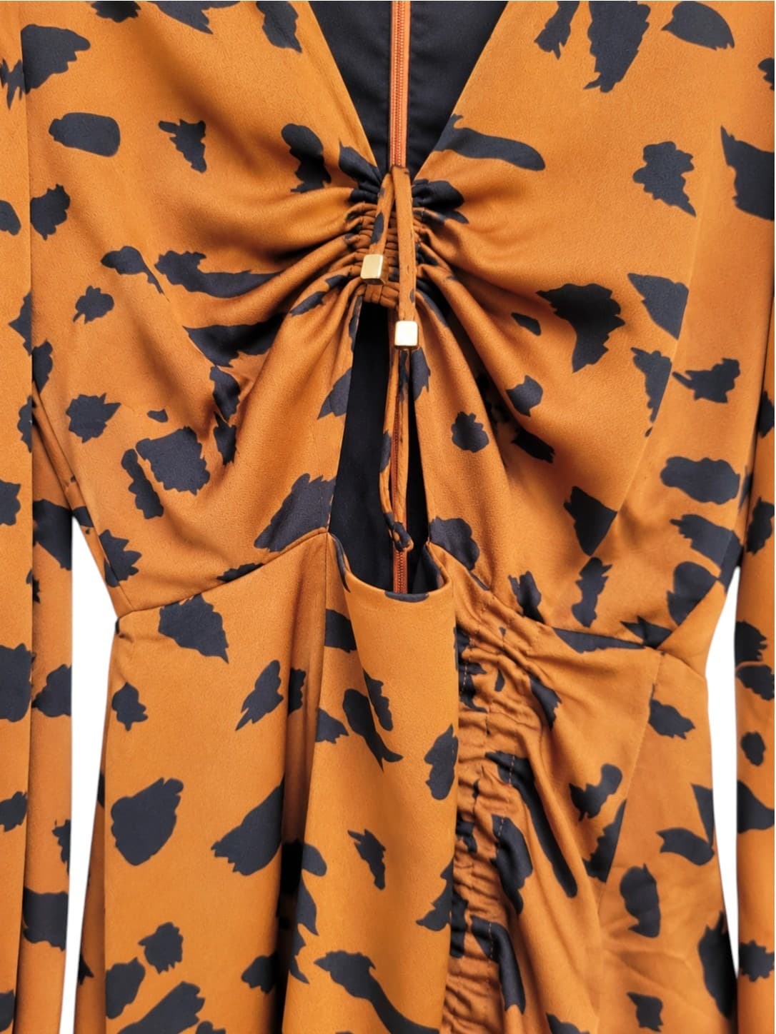 Runaway Womens Mini Dress Brown Black Animal Print Ruched Long Sleeve — photo 4 of 7