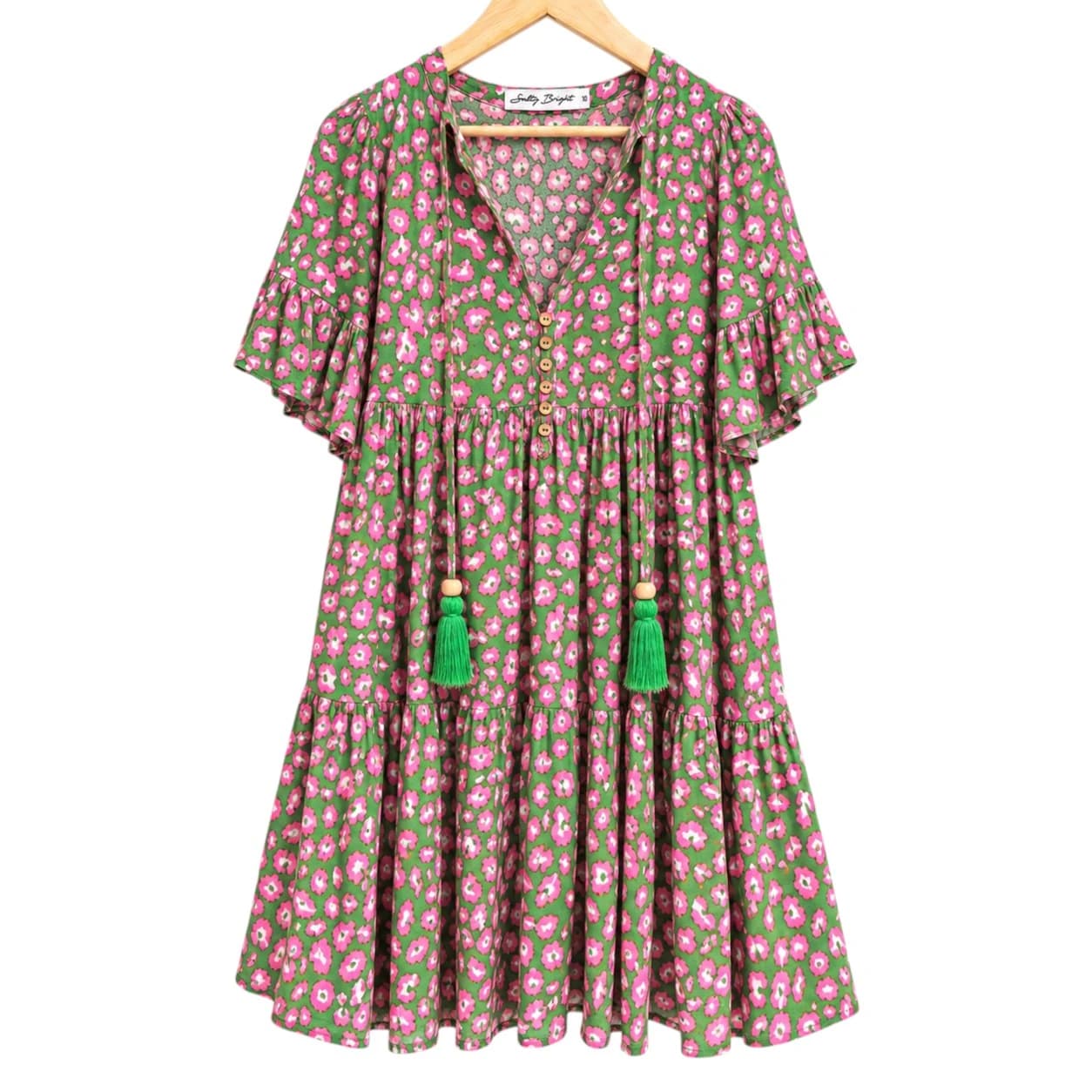 SALTY BRIGHT Green Pink Floral Tiered Tassel Boho Midi Dress Size 10 — photo 2 of 7