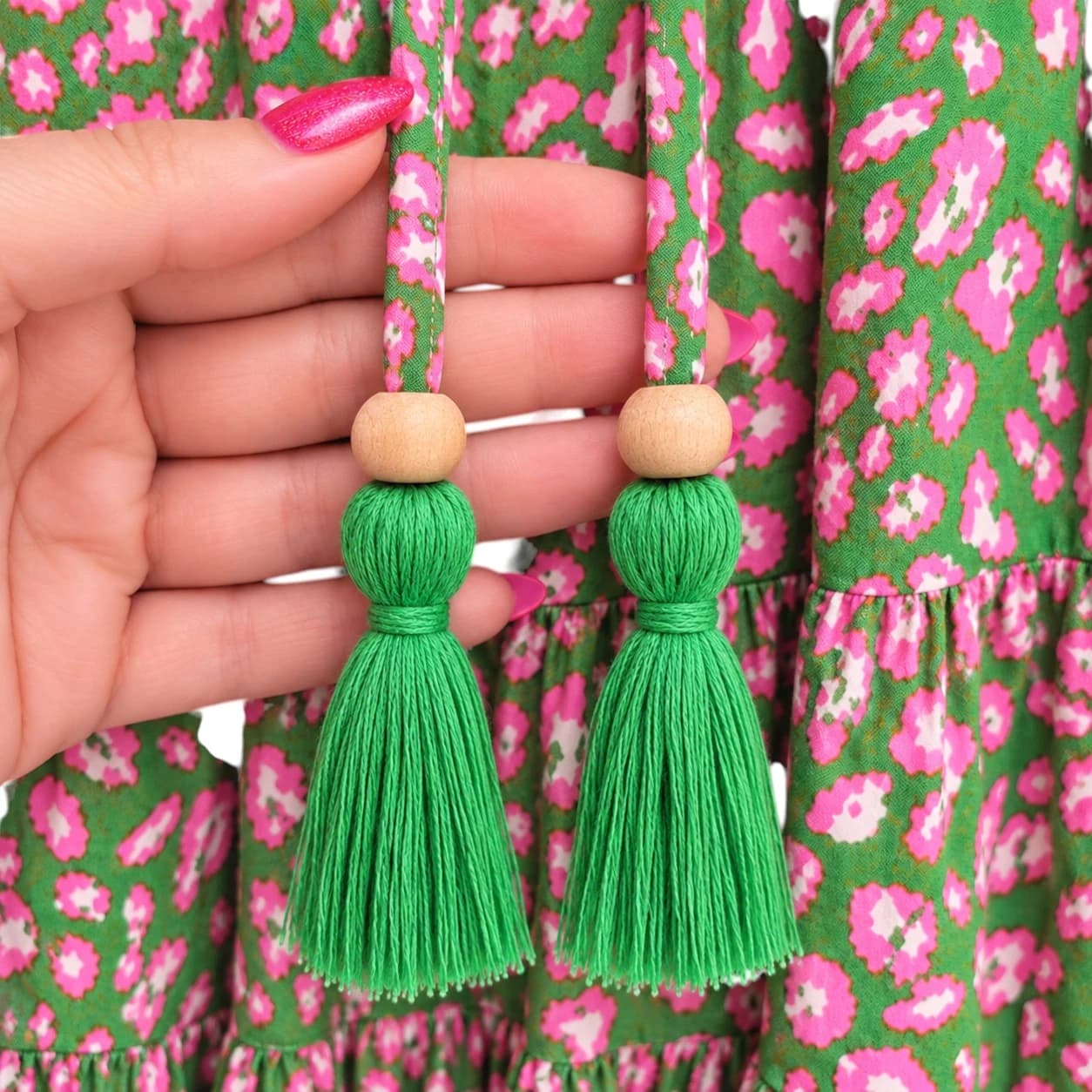 SALTY BRIGHT Green Pink Floral Tiered Tassel Boho Midi Dress Size 10 — photo 5 of 7