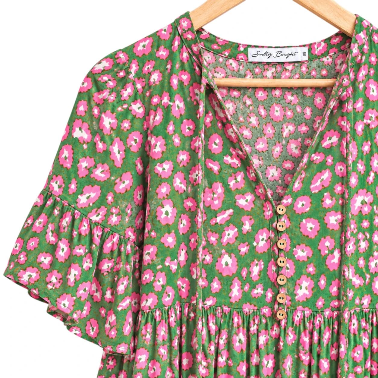 SALTY BRIGHT Green Pink Floral Tiered Tassel Boho Midi Dress Size 10 — photo 1 of 7