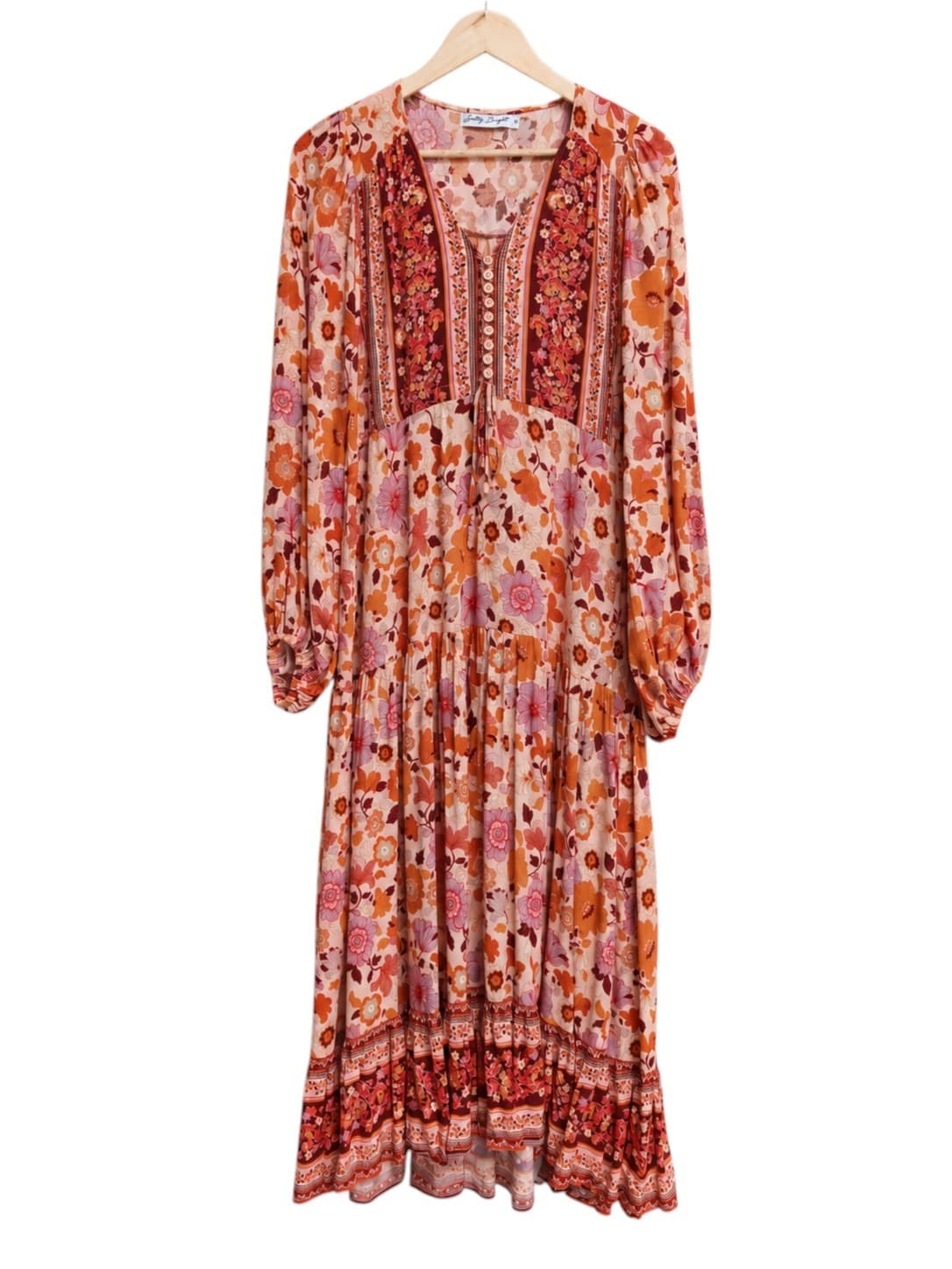 Salty Bright Womens Maxi Dress Size 14 Orange Pink Floral Boho Tiered Rayon — photo 2 of 7