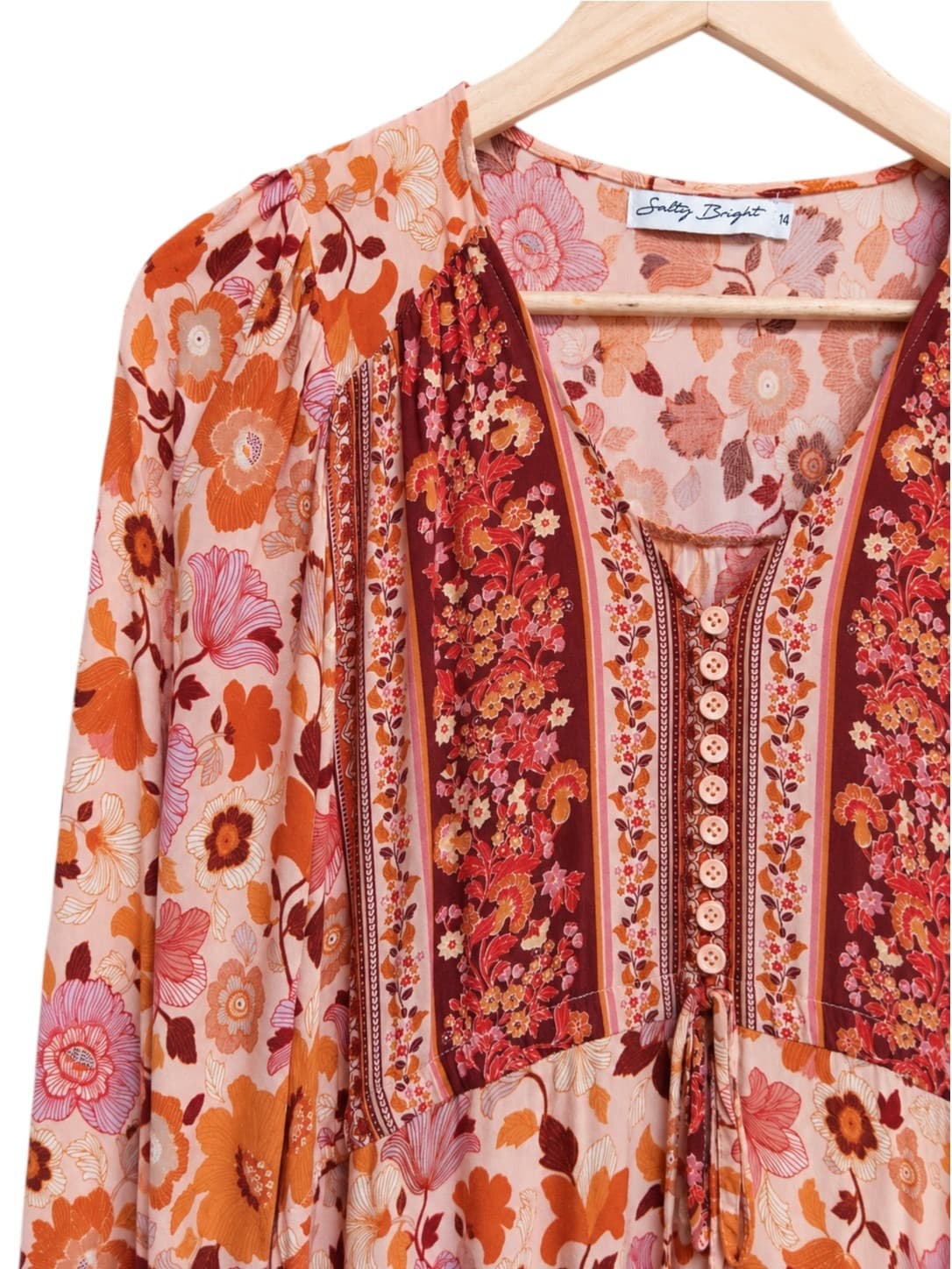 Salty Bright Womens Maxi Dress Size 14 Orange Pink Floral Boho Tiered Rayon — photo 1 of 7