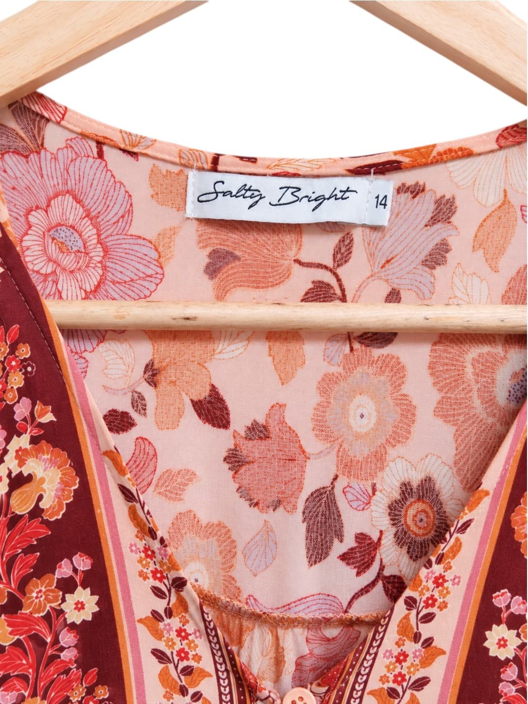 Salty Bright Womens Maxi Dress Size 14 Orange Pink Floral Boho Tiered Rayon — photo 5 of 7