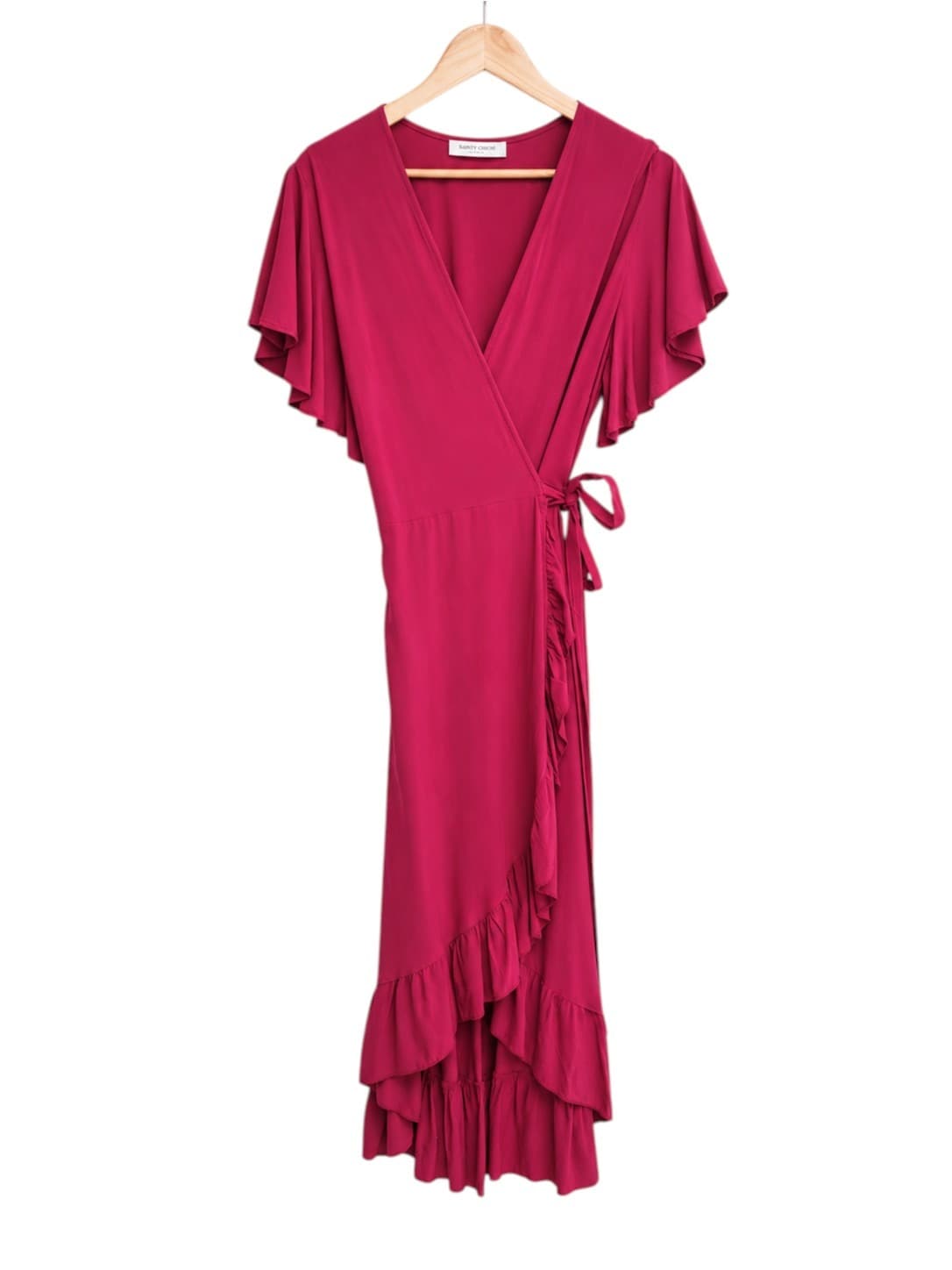 SALTY CRUSH Fuchsia Pink Ruffle Wrap Maxi Dress Flutter Sleeve Size 14 — photo 2 of 7